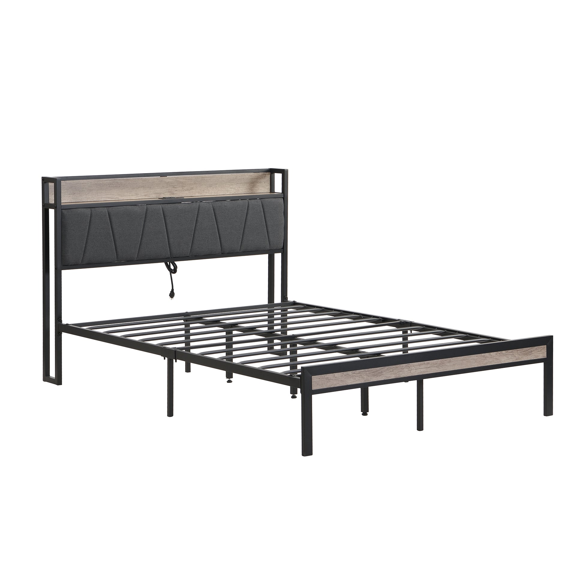 Full Size Metal Platform Bed Frame With Upholstery Storage Function Headboardand Usb Liner And Footboardno Box Spring Needed, Large Under Bed Storage, Easy Assemble Beige Black Metal & Wood