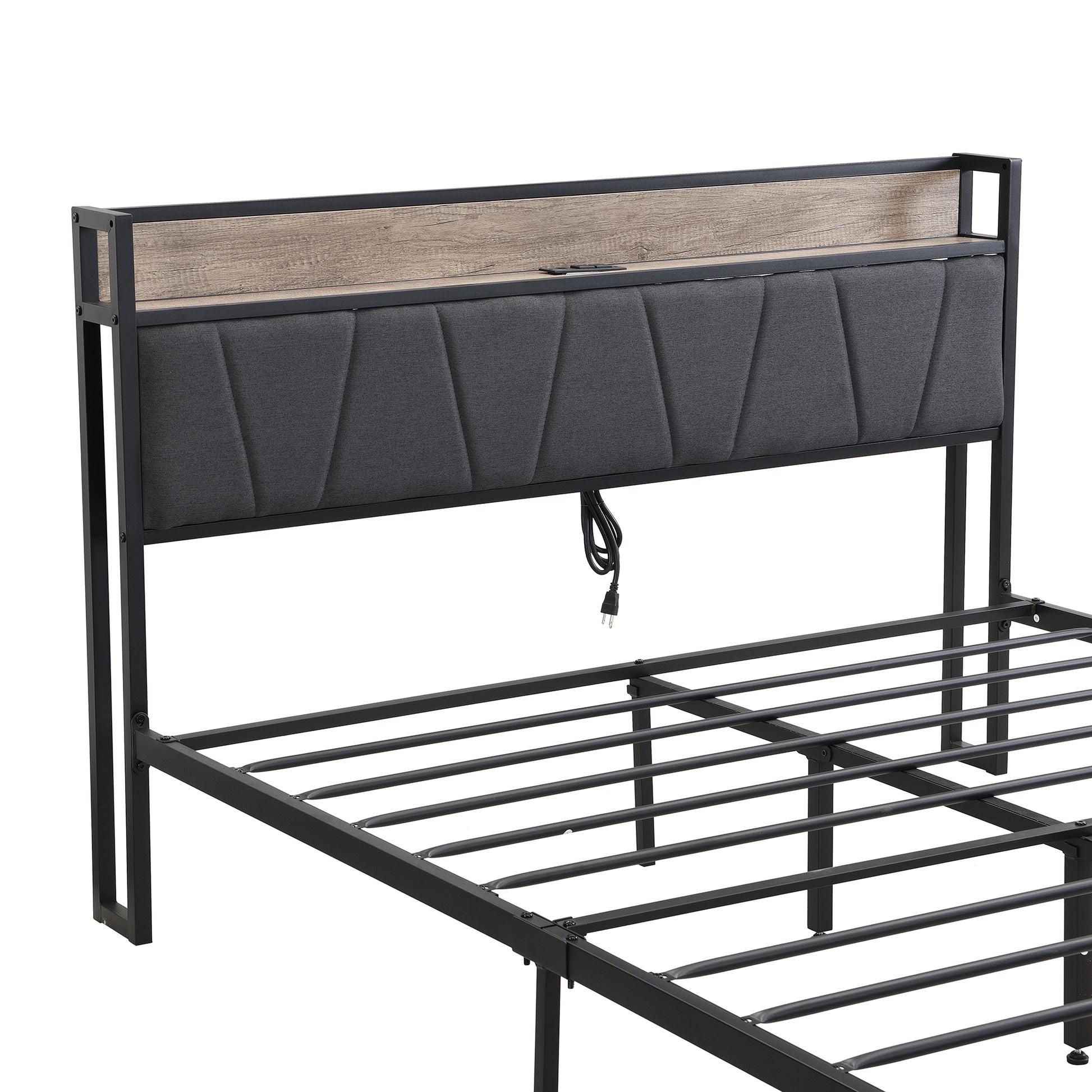 Full Size Metal Platform Bed Frame With Upholstery Storage Function Headboardand Usb Liner And Footboard With Drawersno Box Spring Needed, Large Under Bed Storage, Easy Assemble Black Grey Mdf Metal