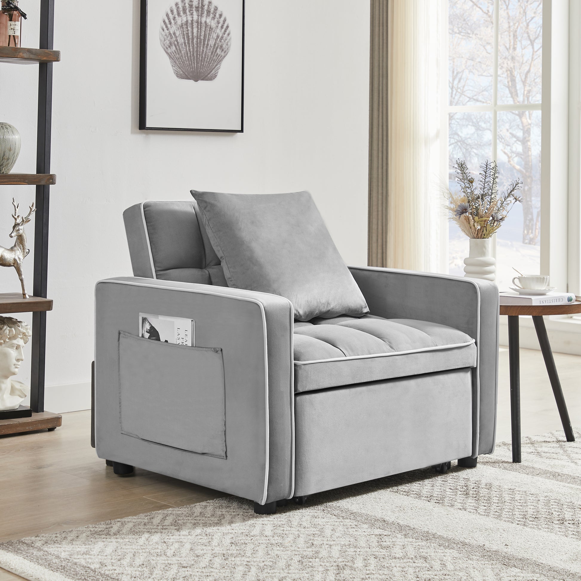 Three In One Sofa Bed Chair Folding Sofa Bed Adjustable Back Into A Sofa Recliner Single Bed Adult Modern Chair Bed Berth Grey White Wood Primary Living Space Medium Duty Eucalyptus 1 Seat Grey Velvet Medium Soft Tufted Back Modern Pillow Top Arms Solid