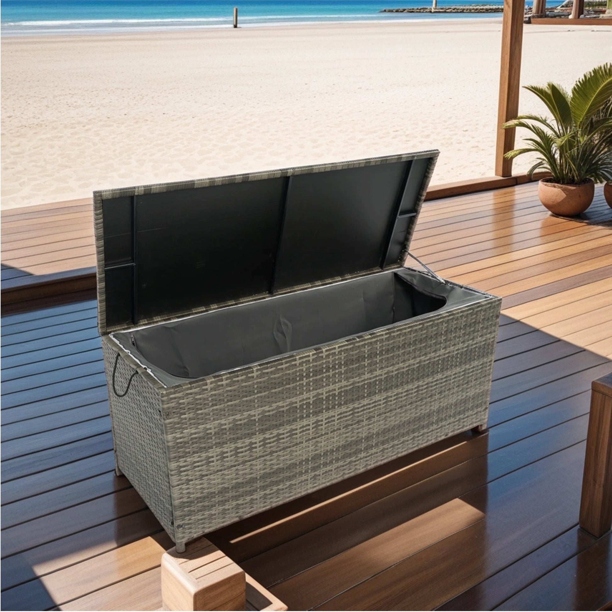 Outdoor Storage Box, 113 Gallon Wicker Patio Deck Boxes With Lid, Outdoor Cushion Storage For Kids Toys, Pillows, Towel Grey Wicker No Grey Rust Resistant Frame Mildew Resistant Cushion Garden &