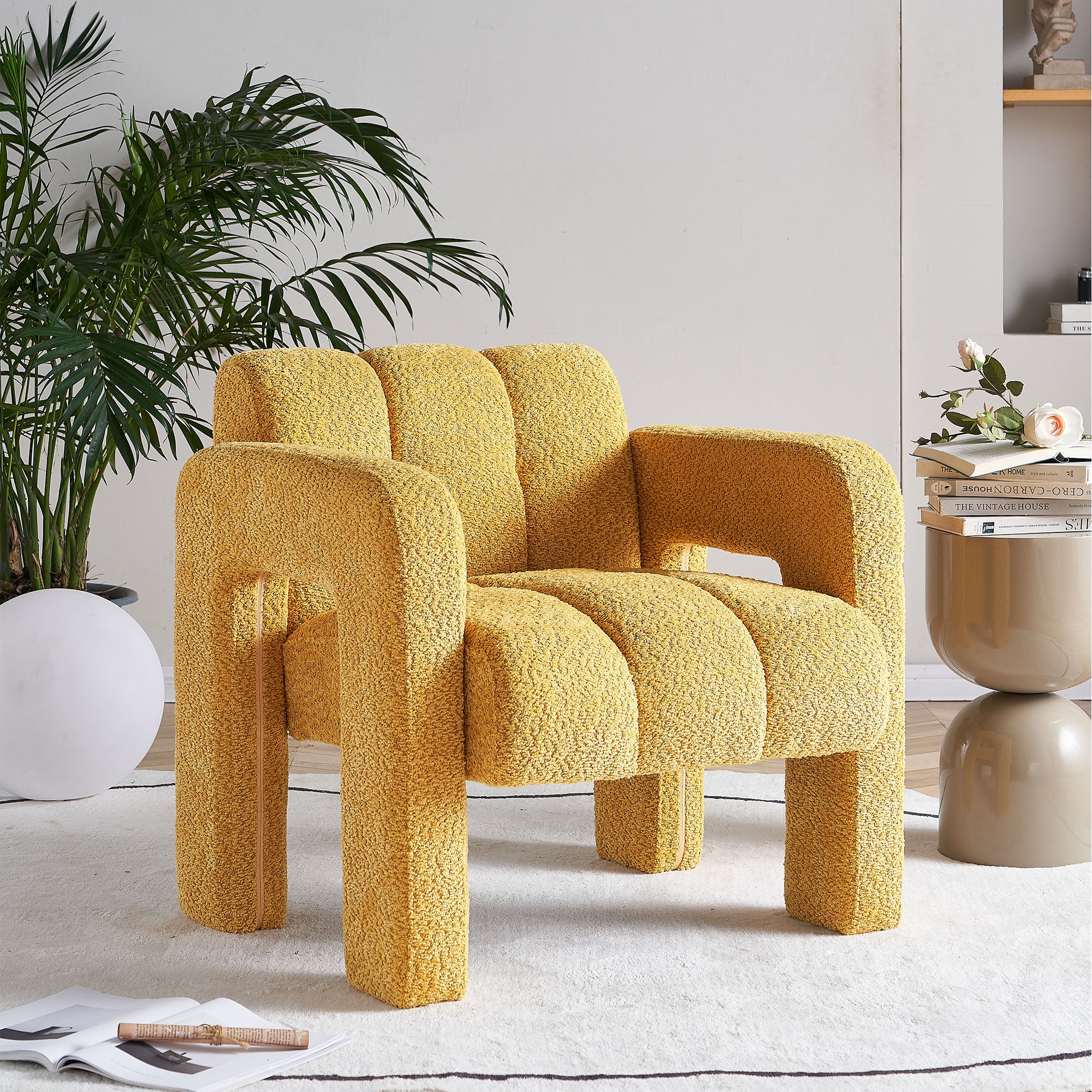 31.10" Wide Boucle Upholstered Accent Chair Yellow Primary Living Space Modern Fiber Foam And Polyester Fiber Pad Boucle