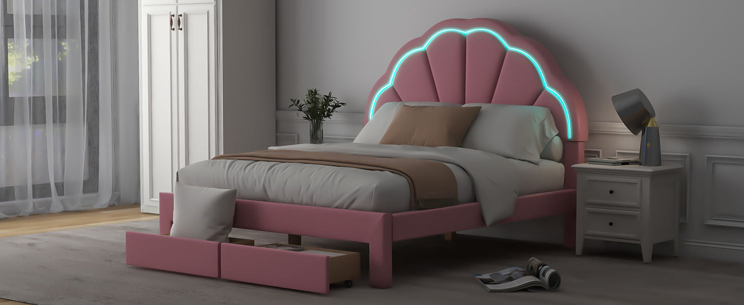 Full Size Upholstered Platform Bed With Seashell Shaped Headboard, Led And 2 Drawers, Pink Box Spring Not Required Full Pink Wood Bedroom Bed Frame Faux Leather Upholstered