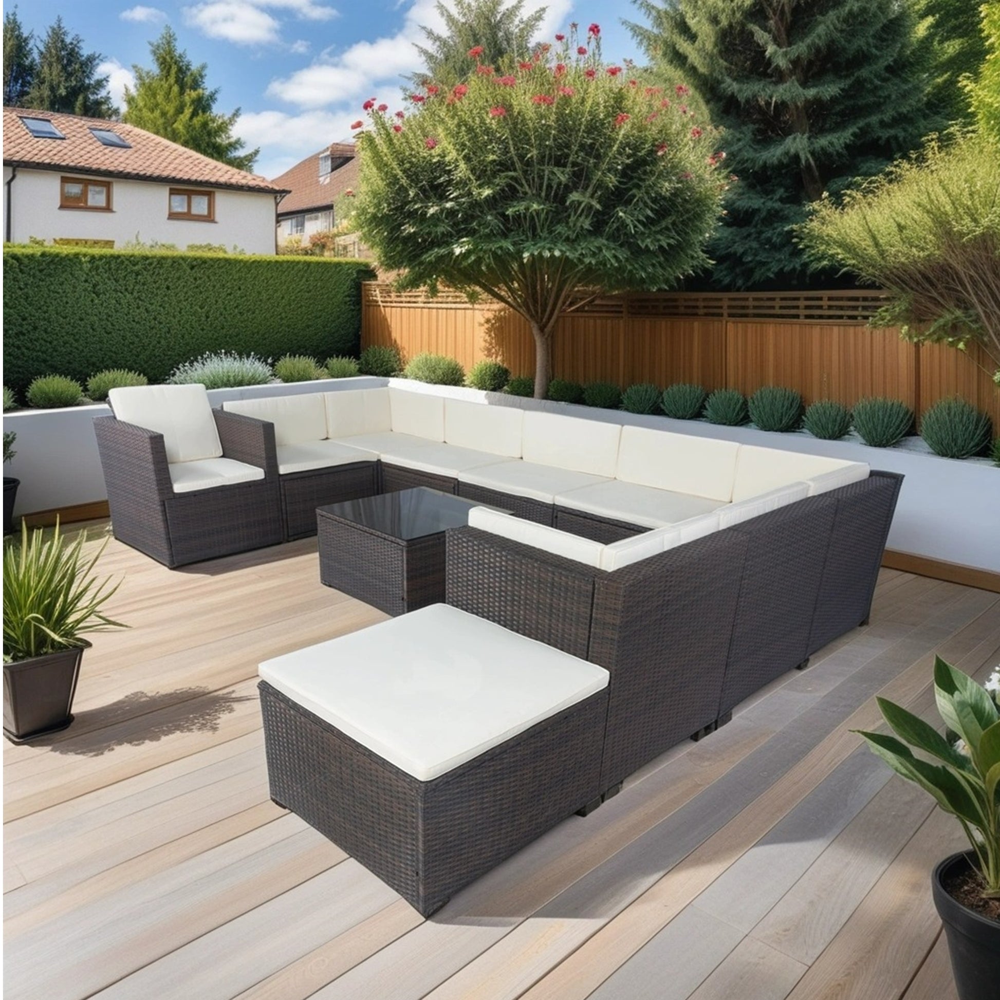 11 Piece Patio Wicker Conversation Set, 10 Seater Patio Sectional Set With 3 Storage Box Under Seat Brown Wicker White Cushion Yes Complete Patio Set Brown Rust Resistant Frame Mildew Resistant Cushion Garden & Outdoor Modern Complete Patio Sets Fiber