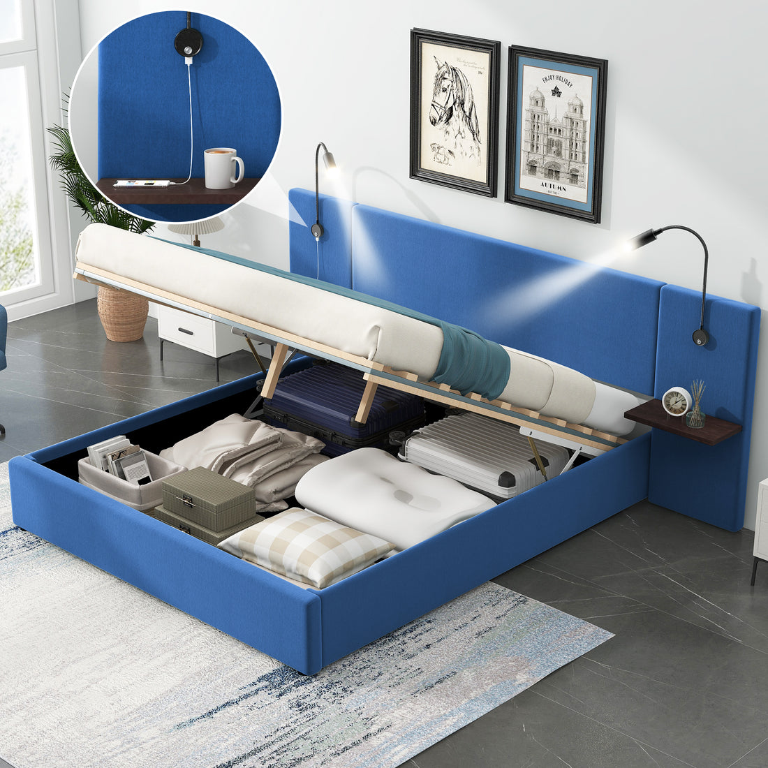 Full Size Storage Upholstered Hydraulic Platform Bed With 2 Shelves, 2 Lights And Usb, Blue Box Spring Not Required Full Blue Wood Bedroom Bed Frame Velvet Upholstered
