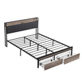 Full Size Metal Platform Bed Frame With Upholstery Storage Function Headboardand Usb Liner And Footboard With Drawersno Box Spring Needed, Large Under Bed Storage, Easy Assemble Black Grey Mdf Metal