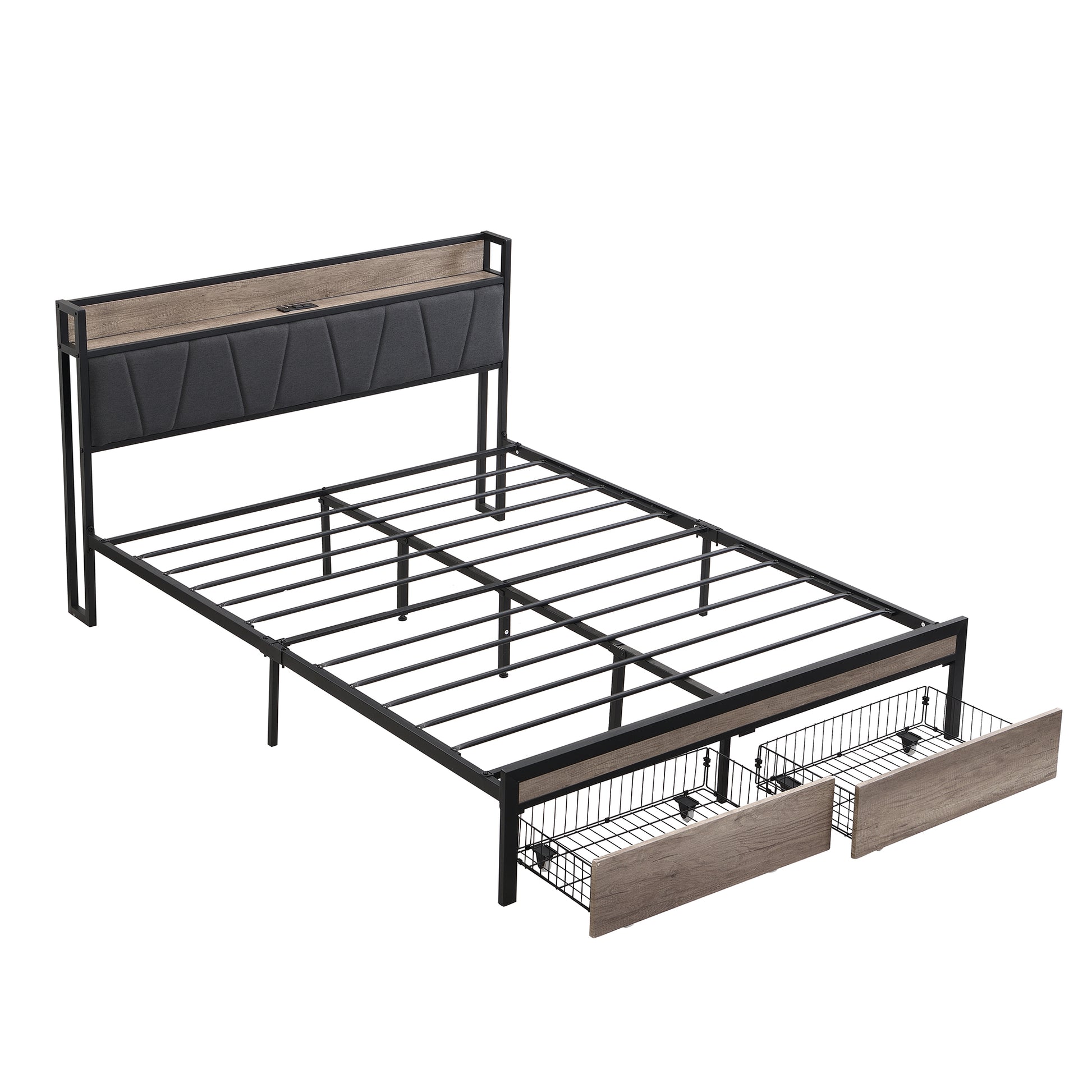Full Size Metal Platform Bed Frame With Upholstery Storage Function Headboardand Usb Liner And Footboard With Drawersno Box Spring Needed, Large Under Bed Storage, Easy Assemble Black Grey Mdf Metal