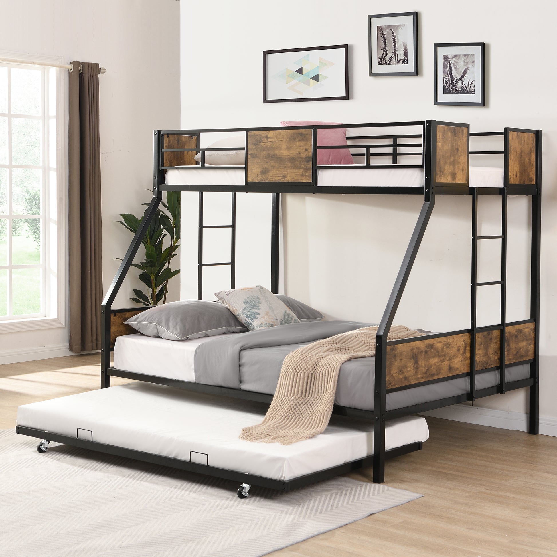Twin Over Full Metal Bunk Bed With Trundle 2 Side Ladder And Full Length Guardrail, No Box Spring Needed, Large Under Bed Storage, Easy Assembleblack & Brown Black Brown Mdf Metal