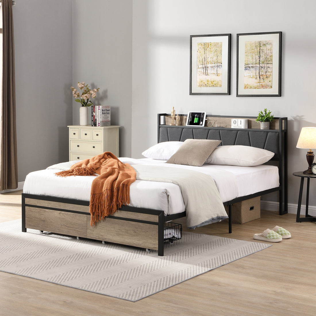 Full Size Metal Platform Bed Frame With Upholstery Storage Function Headboardand Usb Liner And Footboard With Drawersno Box Spring Needed, Large Under Bed Storage, Easy Assemble Black Grey Mdf Metal