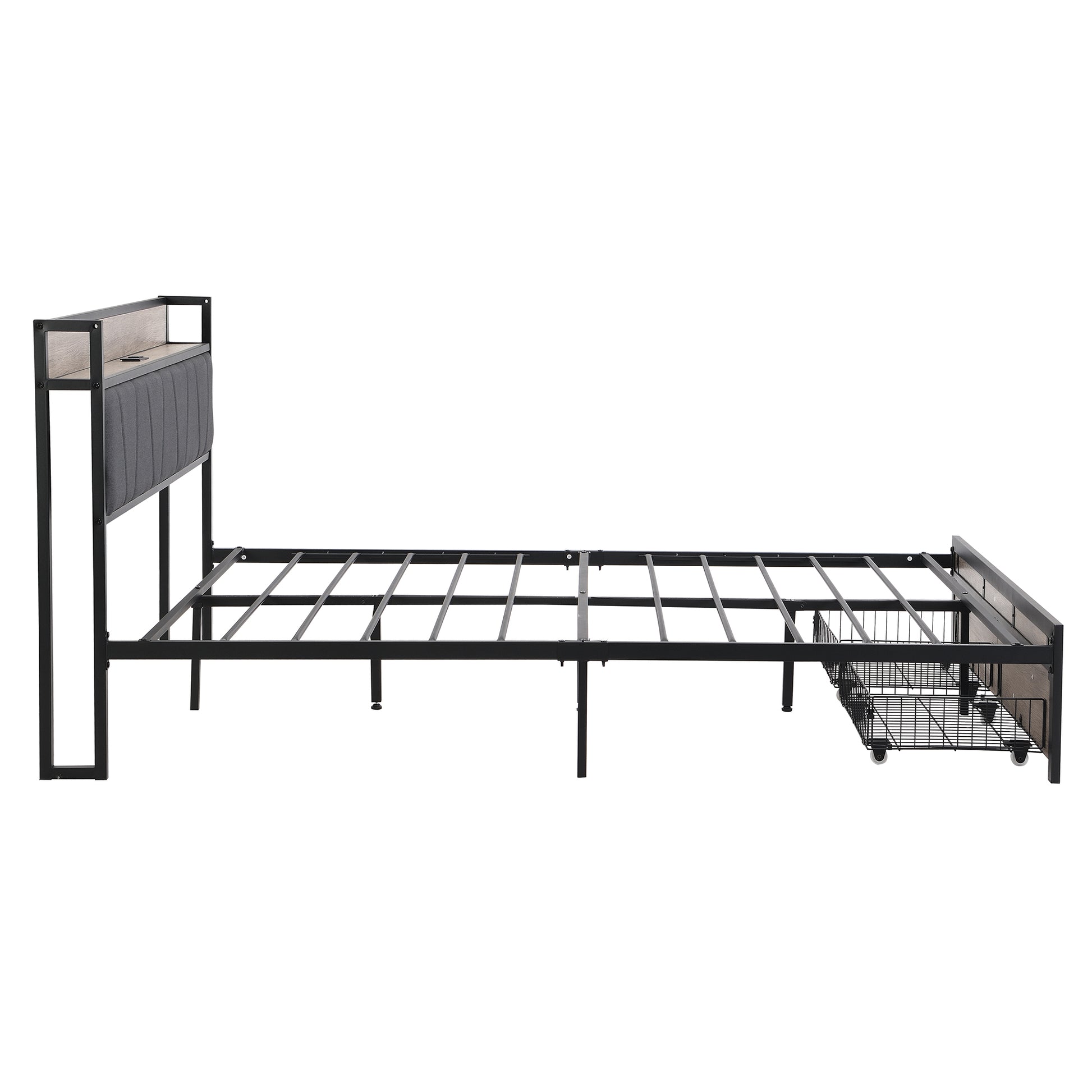 Full Size Metal Platform Bed Frame With Upholstery Storage Function Headboardand Usb Liner And Footboard With Drawersno Box Spring Needed, Large Under Bed Storage, Easy Assemble Black Grey Mdf Metal