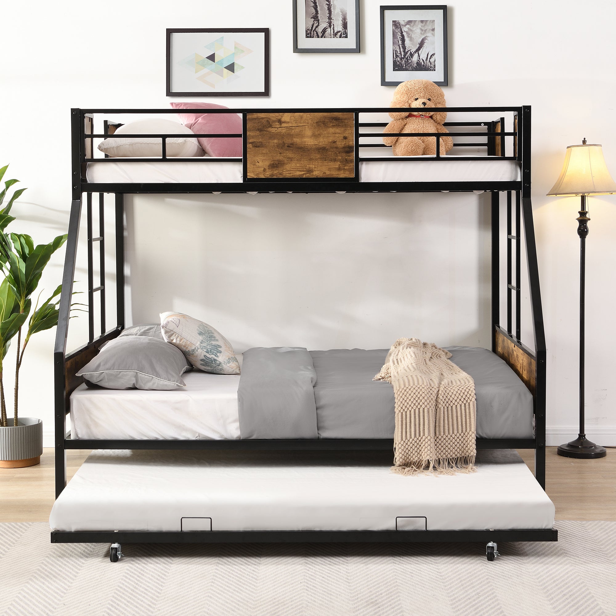 Twin Over Full Metal Bunk Bed With Trundle 2 Side Ladder And Full Length Guardrail, No Box Spring Needed, Large Under Bed Storage, Easy Assembleblack & Brown Black Brown Mdf Metal