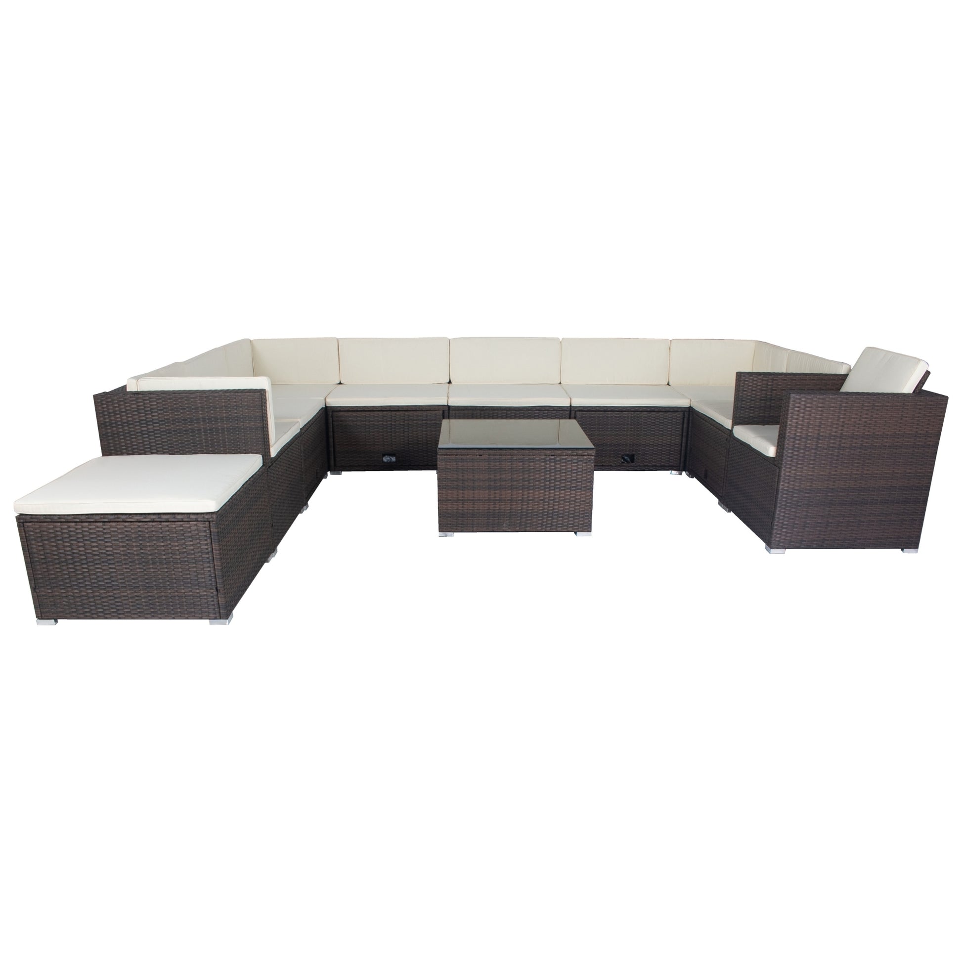 11 Piece Patio Wicker Conversation Set, 10 Seater Patio Sectional Set With 3 Storage Box Under Seat Brown Wicker White Cushion Yes Complete Patio Set Brown Rust Resistant Frame Mildew Resistant Cushion Garden & Outdoor Modern Complete Patio Sets Fiber