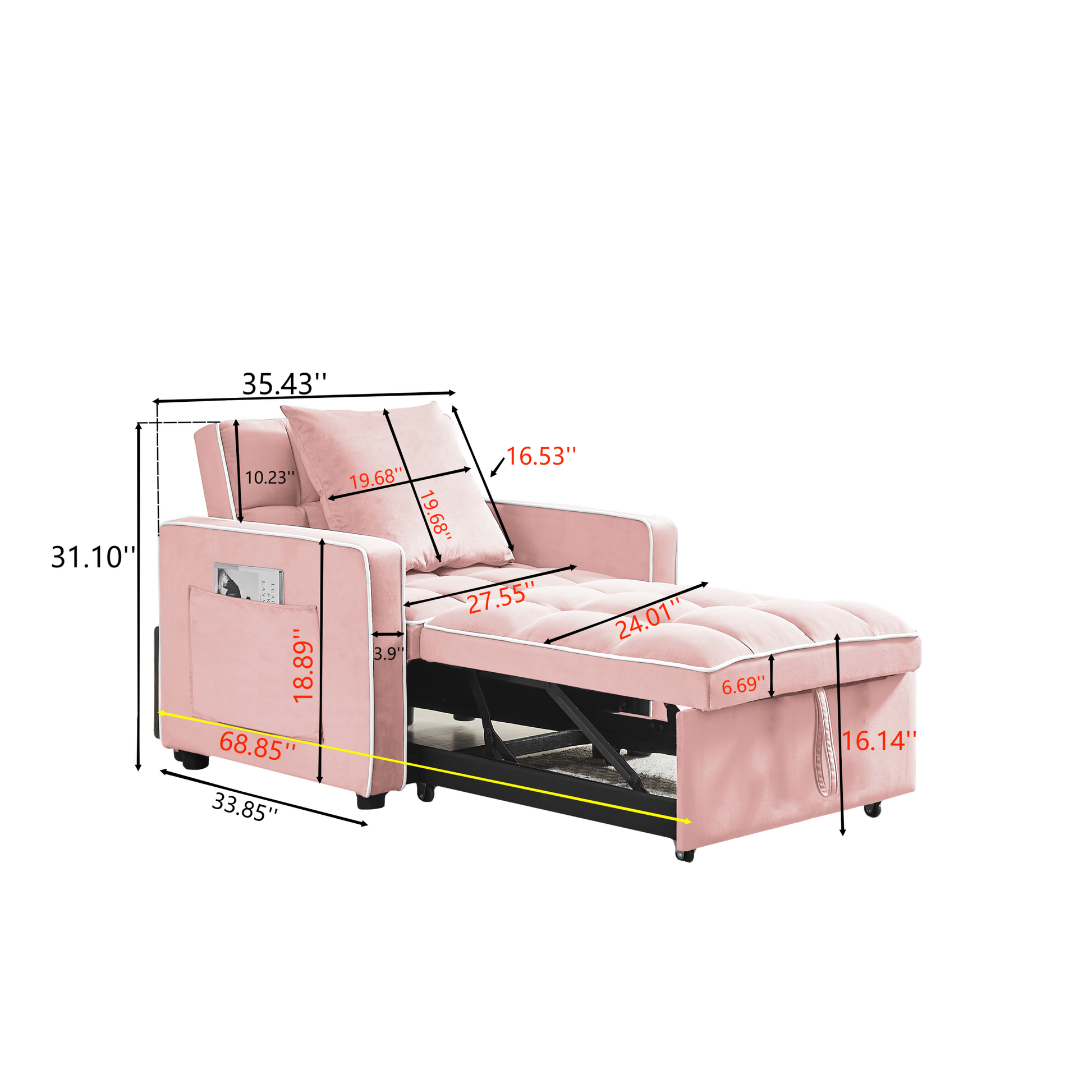 Three In One Sofa Bed Chair Folding Sofa Bed Adjustable Back Into A Sofa Recliner Single Bed Adult Modern Chair Bed Berth Pink White Wood Primary Living Space Medium Duty Eucalyptus 1 Seat Pink Velvet Medium Soft Tufted Back Modern Pillow Top Arms Solid
