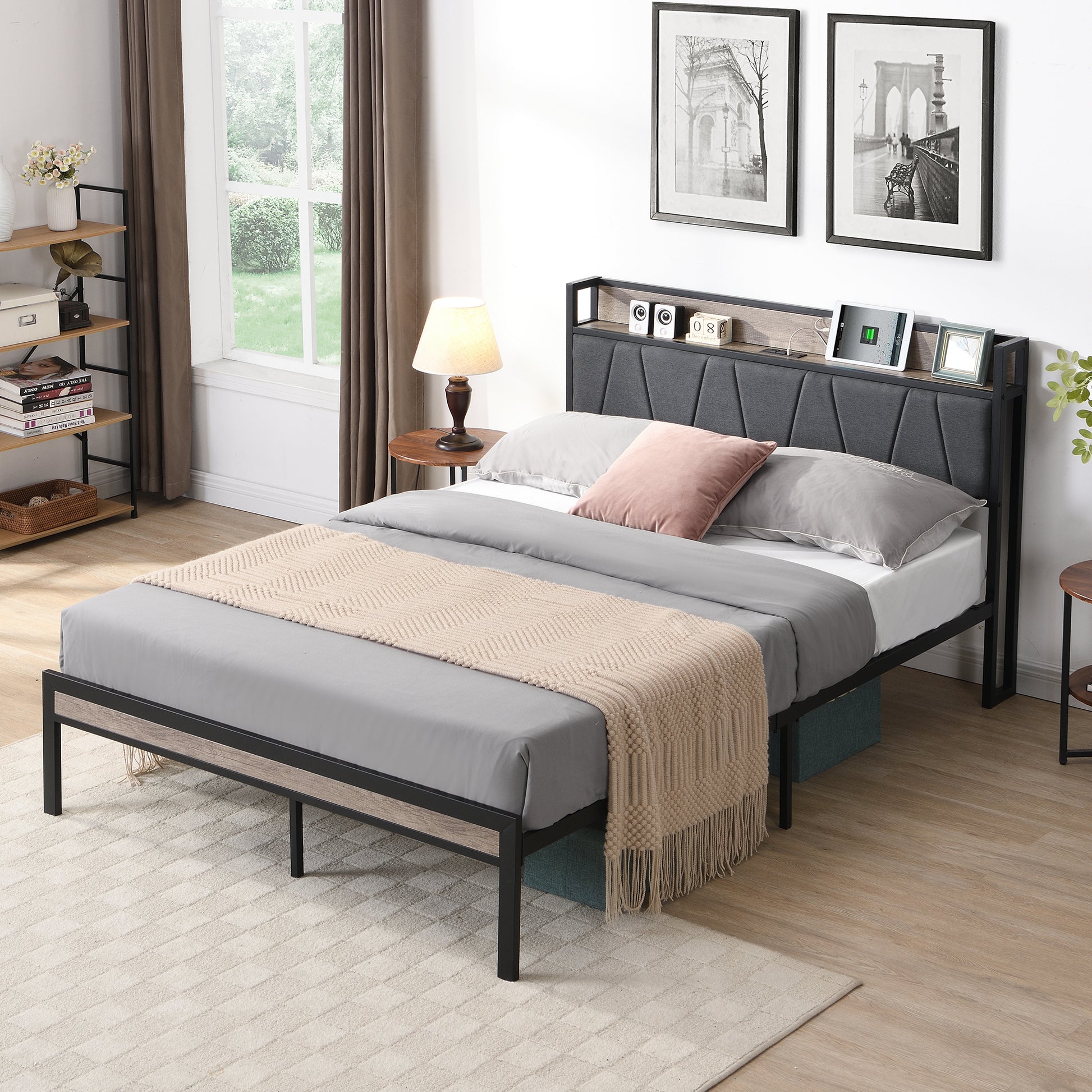 Full Size Metal Platform Bed Frame With Upholstery Storage Function Headboardand Usb Liner And Footboardno Box Spring Needed, Large Under Bed Storage, Easy Assemble Beige Black Metal & Wood