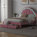 Full Size Upholstered Platform Bed With Seashell Shaped Headboard, Led And 2 Drawers, Pink Box Spring Not Required Full Pink Wood Bedroom Bed Frame Faux Leather Upholstered