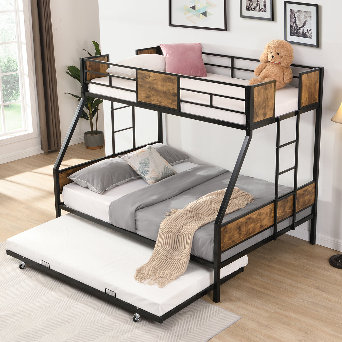 Twin Over Full Metal Bunk Bed With Trundle 2 Side Ladder And Full Length Guardrail, No Box Spring Needed, Large Under Bed Storage, Easy Assembleblack & Brown Black Brown Mdf Metal