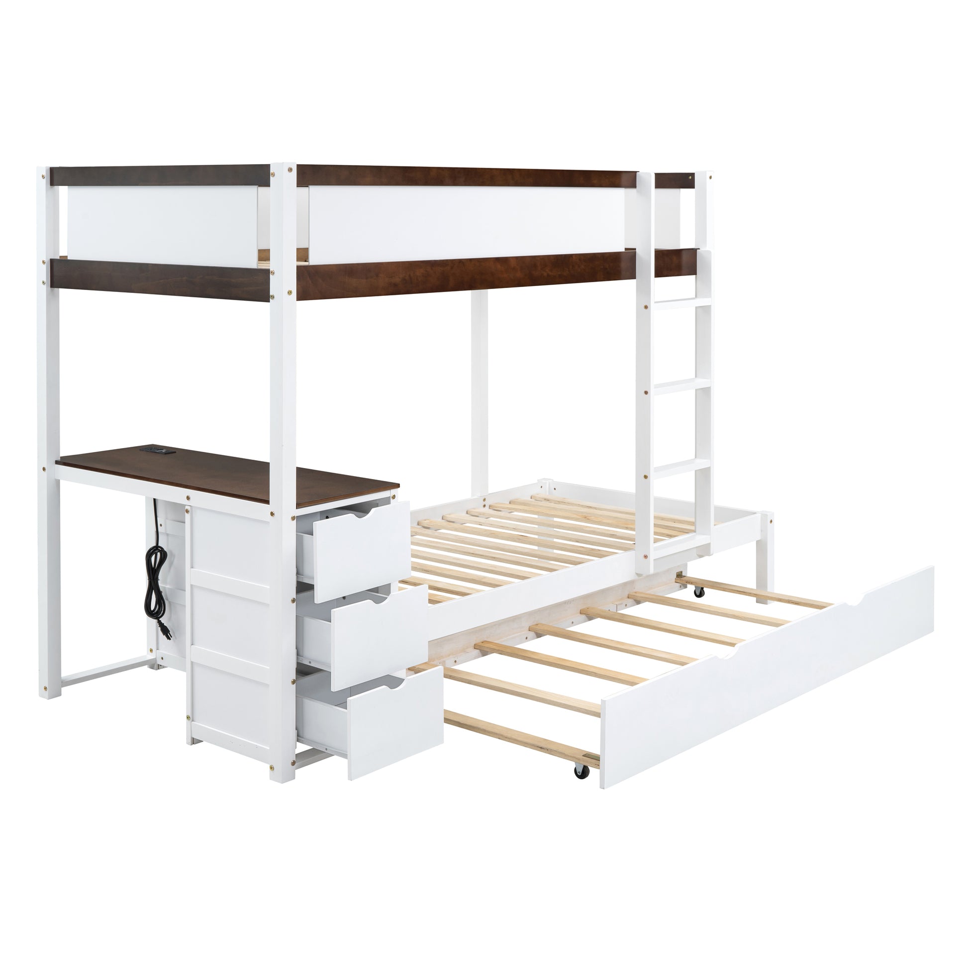 Twin Over Twin Bunk Bed With Twin Size Trundle, Storage And Desk, White Walnut White Walnut Solid Wood
