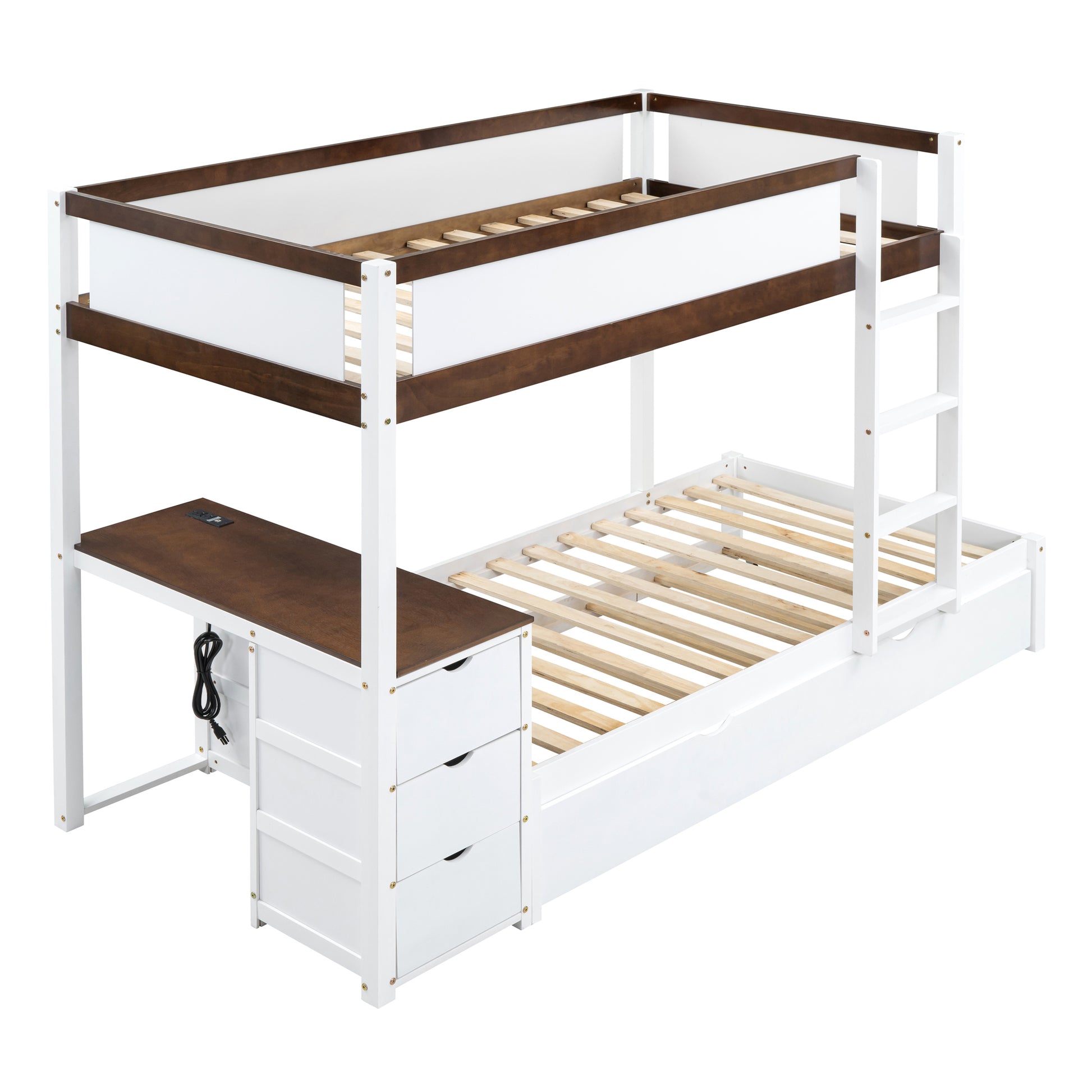 Twin Over Twin Bunk Bed With Twin Size Trundle, Storage And Desk, White Walnut White Walnut Solid Wood