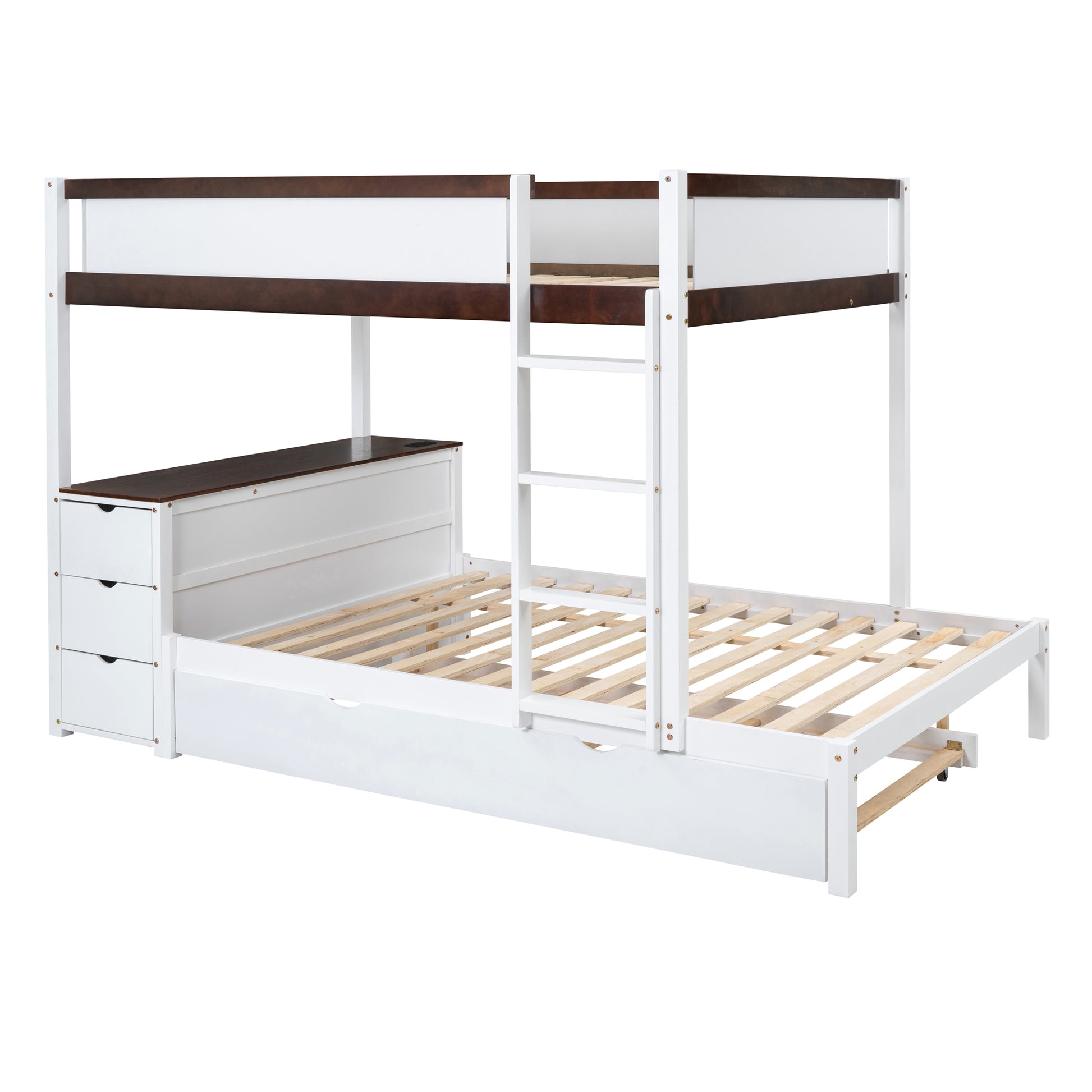 Full Over Full Bunk Bed With Twin Size Trundle, Storage And Desk, White Walnut White Walnut Solid Wood