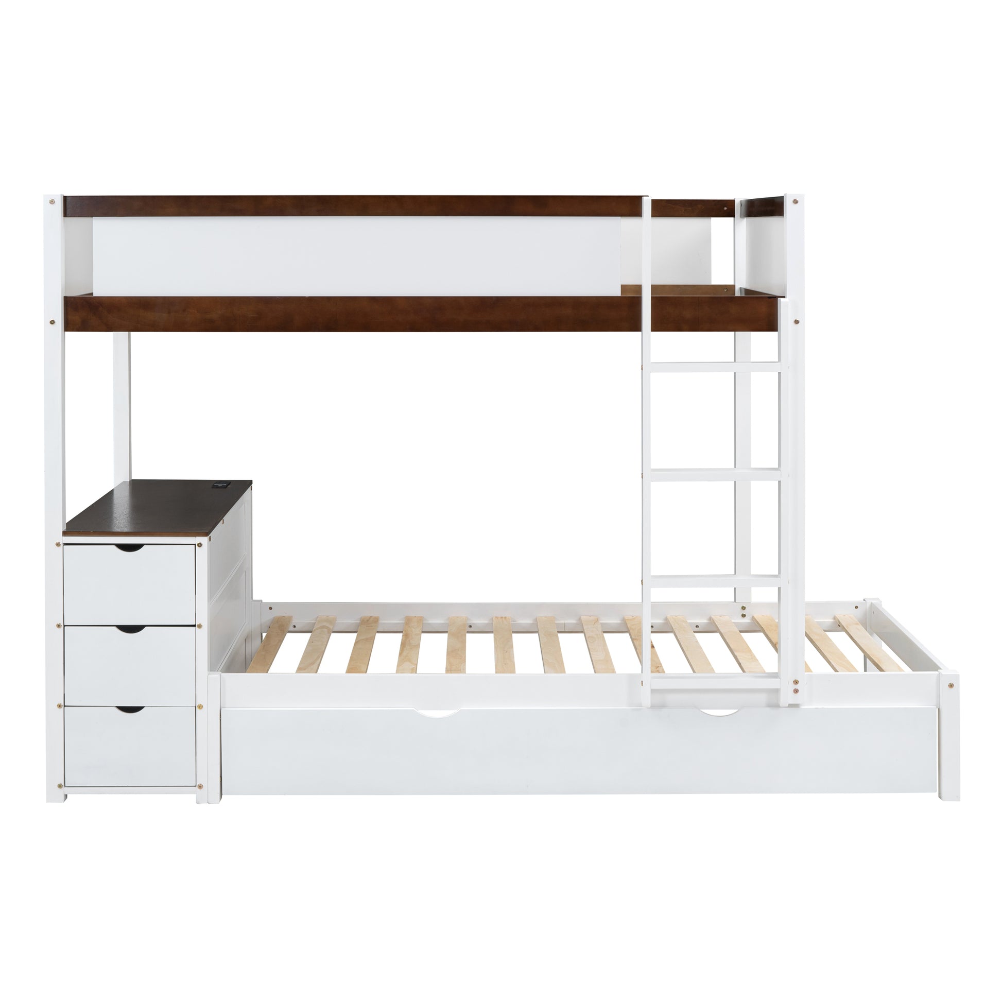 Twin Over Twin Bunk Bed With Twin Size Trundle, Storage And Desk, White Walnut White Walnut Solid Wood