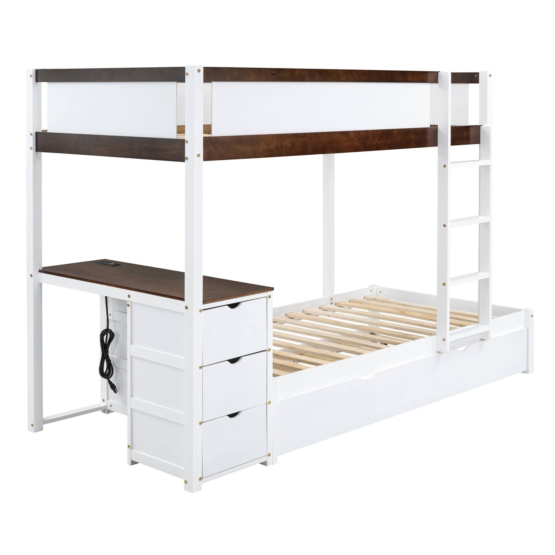 Twin Over Twin Bunk Bed With Twin Size Trundle, Storage And Desk, White Walnut White Walnut Solid Wood
