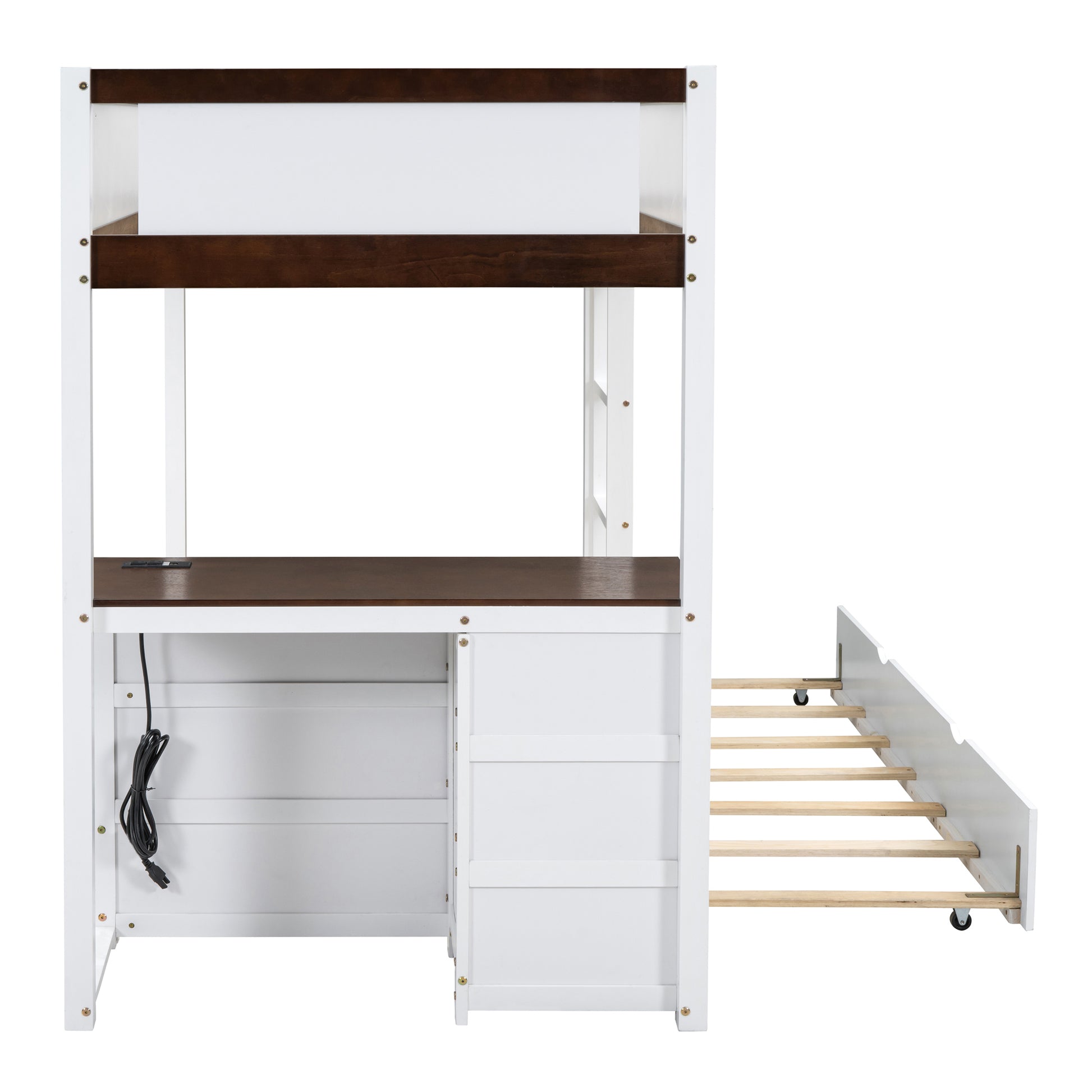 Twin Over Twin Bunk Bed With Twin Size Trundle, Storage And Desk, White Walnut White Walnut Solid Wood