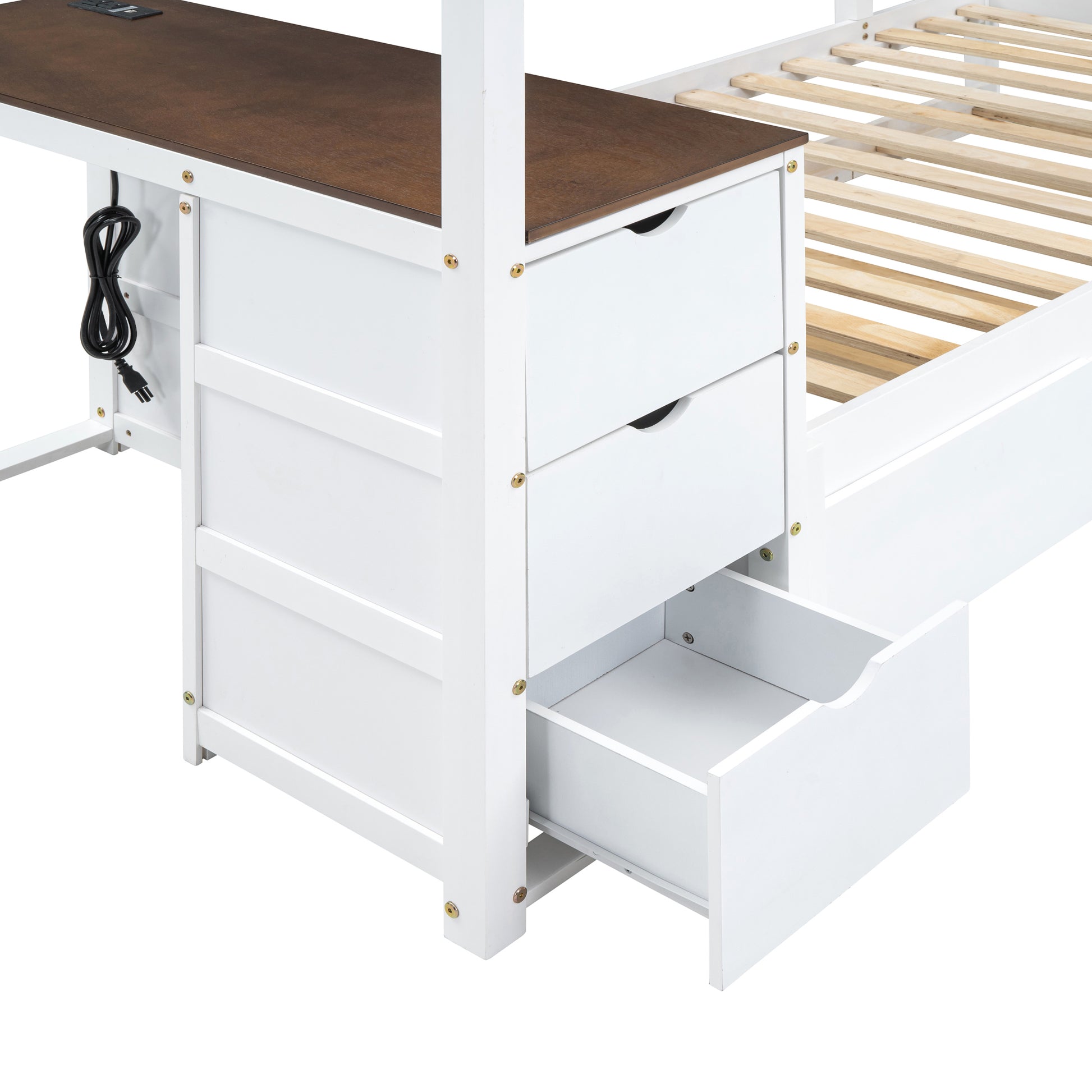 Twin Over Twin Bunk Bed With Twin Size Trundle, Storage And Desk, White Walnut White Walnut Solid Wood