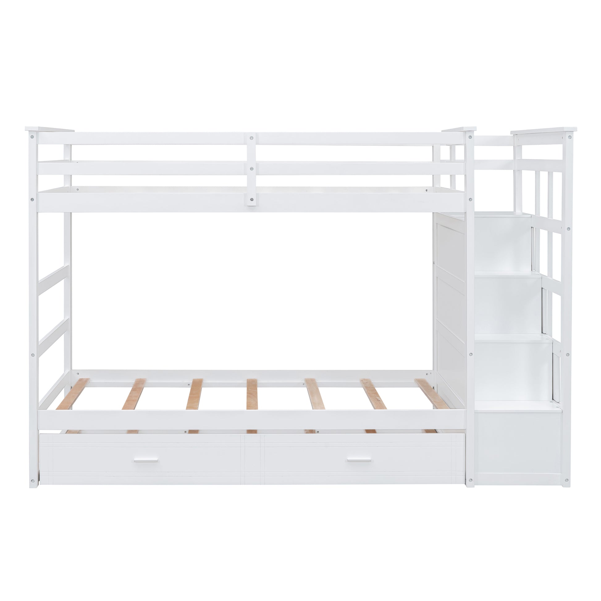 Twin Over Twin Bunk Bed With Trundle And Staircase,White Old Sku:Lt000068Aak White Solid Wood