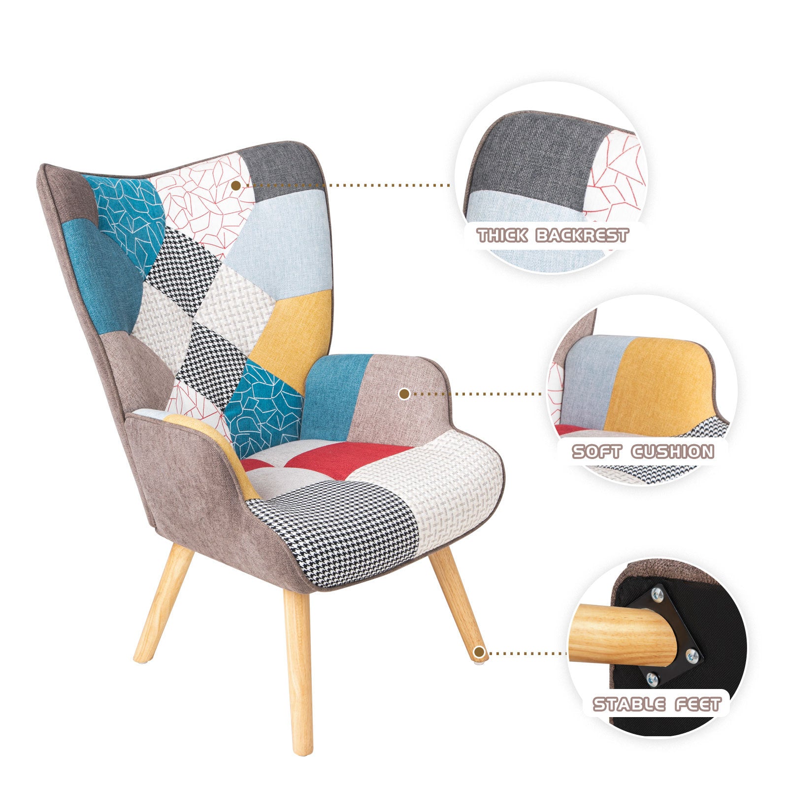 Accent Chair With Ottoman, Living Room Chair And Ottoman Set, Comfy Side Armchair For Bedroom, Creative Splicing Cloth Surface Colorful Solid Wood
