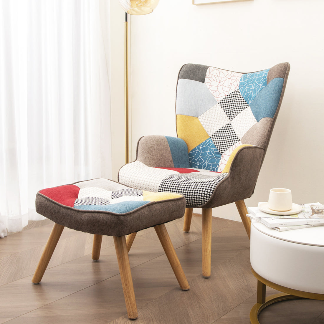 Accent Chair With Ottoman, Living Room Chair And Ottoman Set, Comfy Side Armchair For Bedroom, Creative Splicing Cloth Surface Colorful Solid Wood