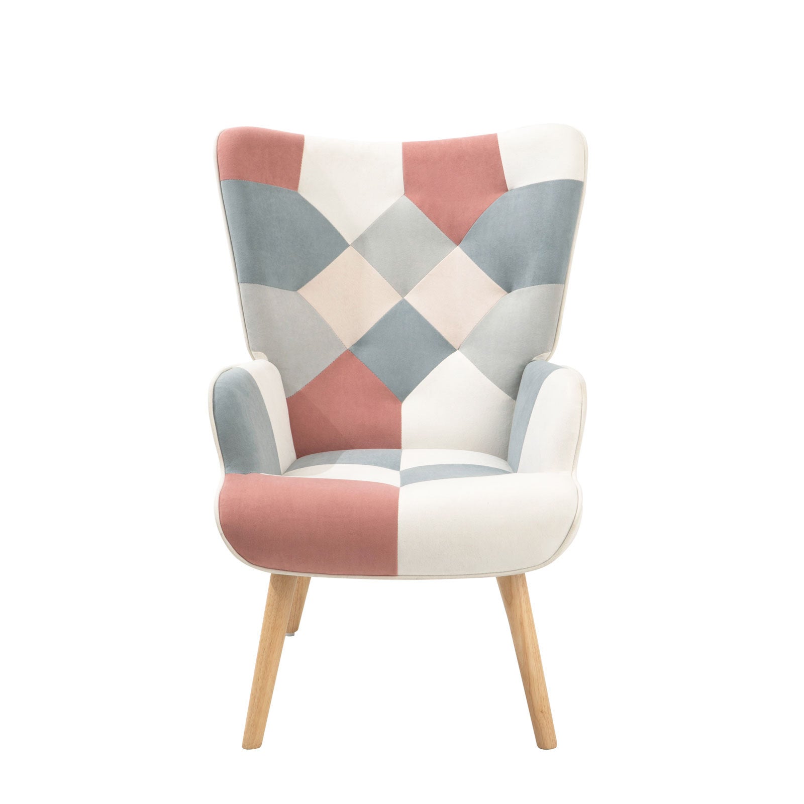 Accent Chair With Ottoman, Living Room Chair And Ottoman Set, Comfy Side Armchair For Bedroom, Creative Splicing Cloth Surface Pink Solid Wood