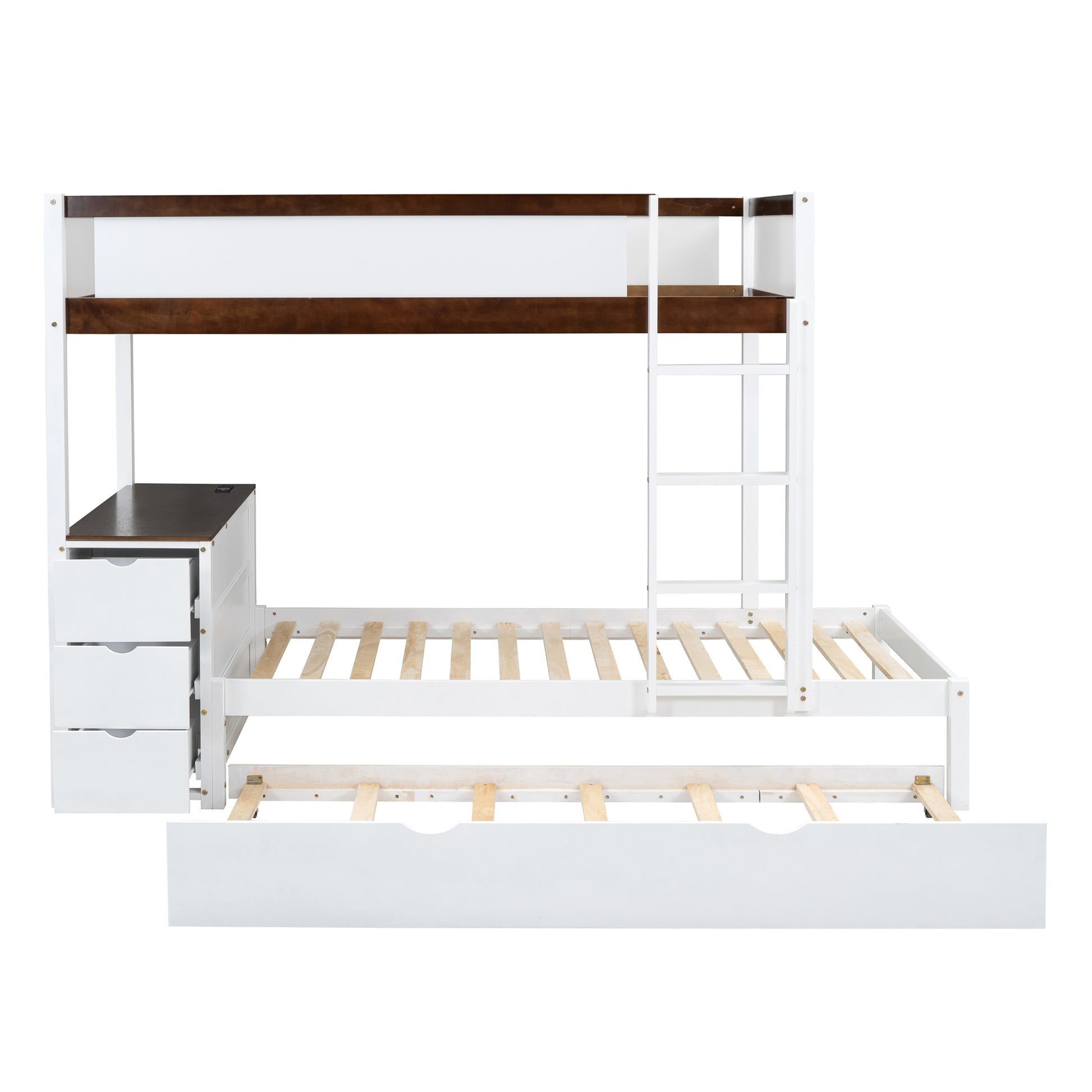 Twin Over Twin Bunk Bed With Twin Size Trundle, Storage And Desk, White Walnut White Walnut Solid Wood