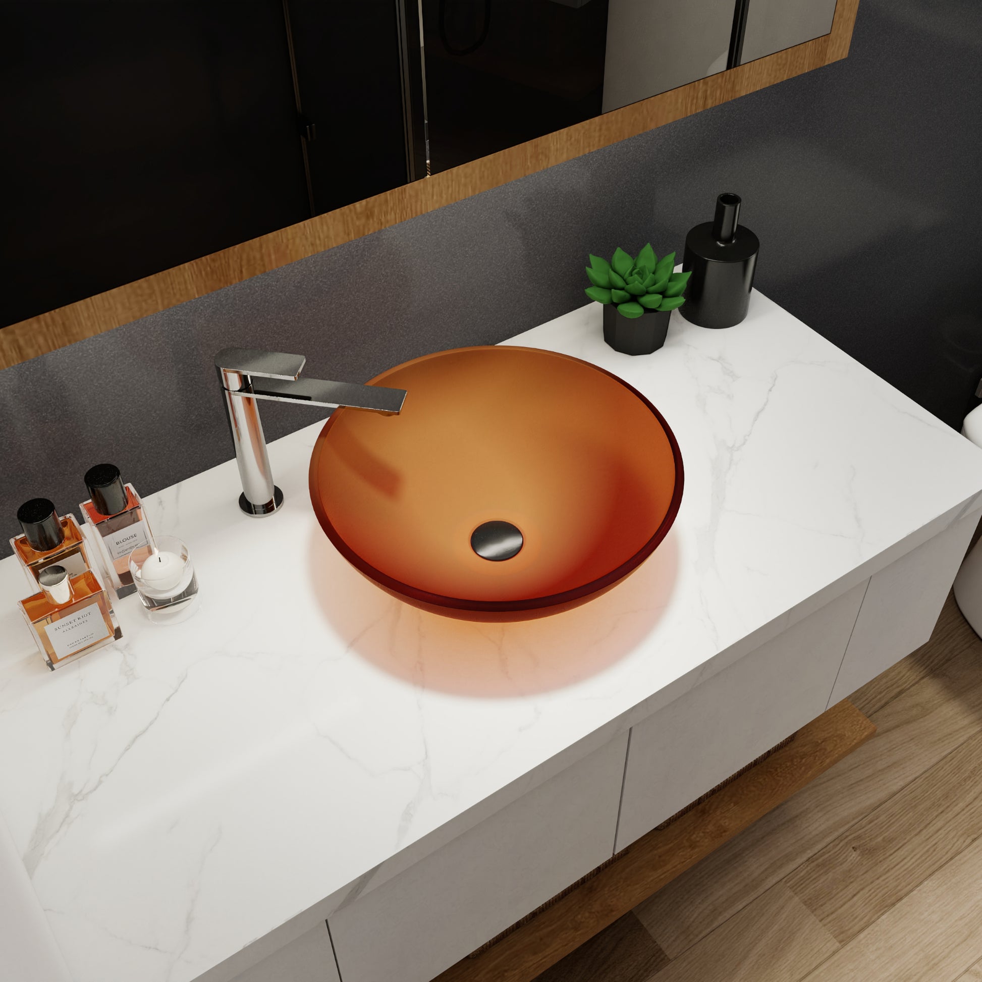 Tempered Glass Matte Bathroom Vessel Sink, Round Bathroom Basin Tempered Glass Matt Tea Brown Bathroom Modern Glass