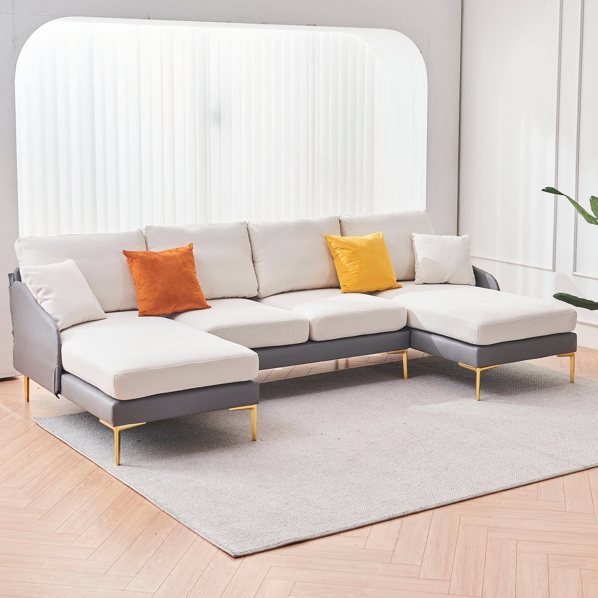 Modern Large Area Linen Leathaire Fabric Color Matching Segmented Sofa, Ultra Wide Lounge Chair, Golden Legs, U Shaped, Gray White Grey Primary Living Space Wood