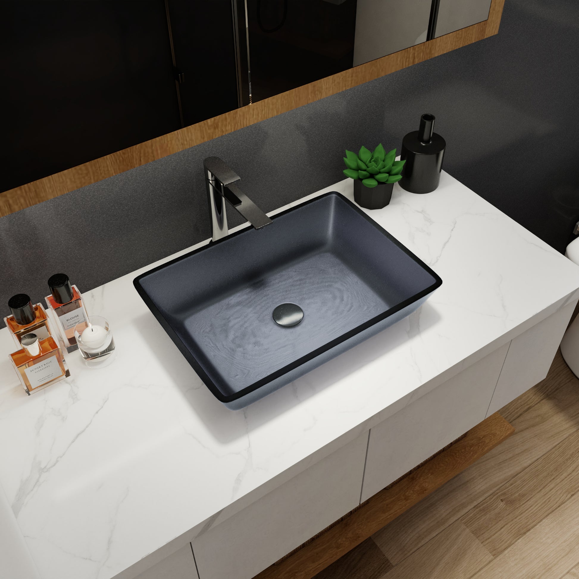 Tempered Glass Matte Bathroom Vessel Sink, Rectangle Bathroom Basin Tempered Glass Matt Gray Grey Bathroom Modern Glass