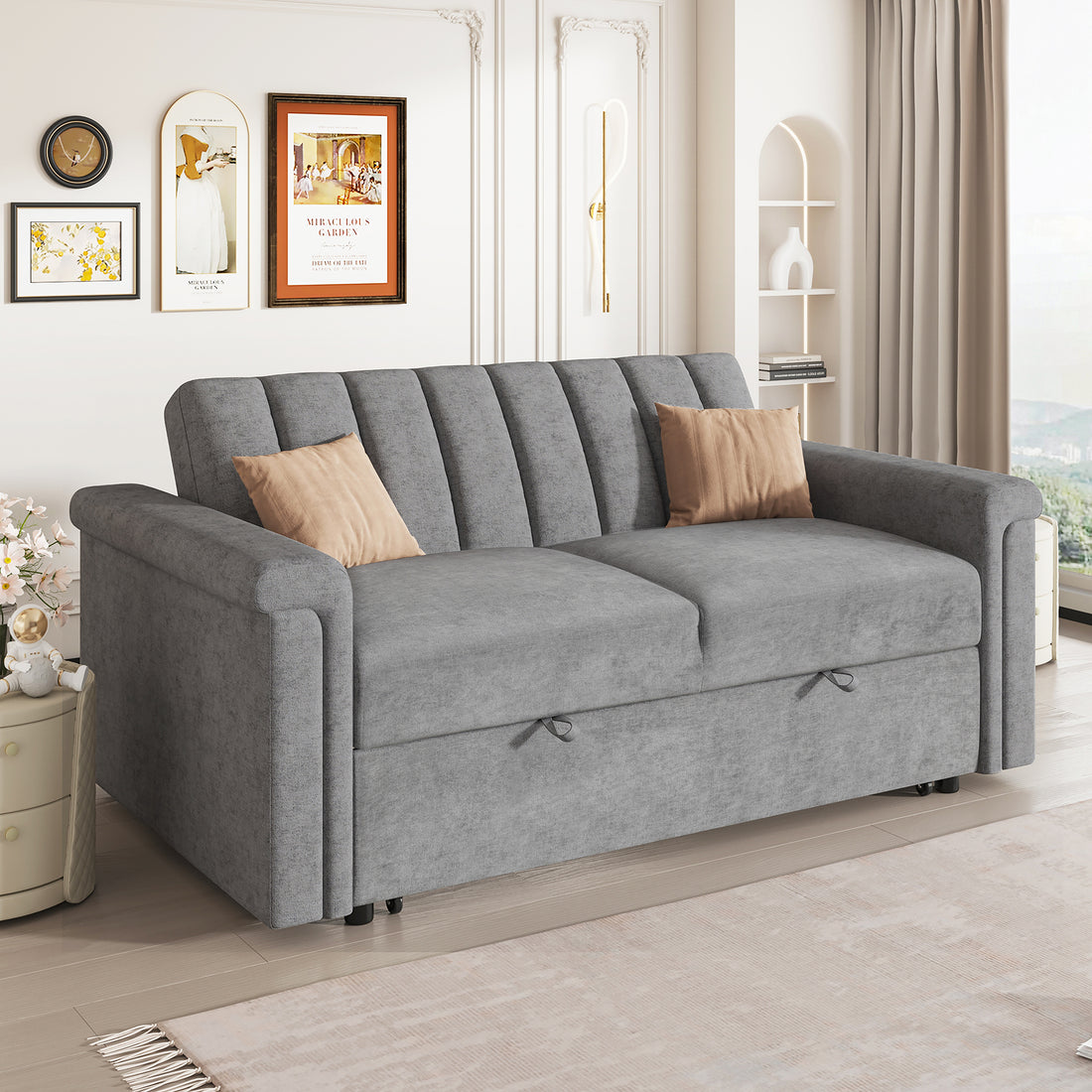 Convertible Soft Cushion Sofa Pull Bed ,For Two People To Sit On Gray Polyester