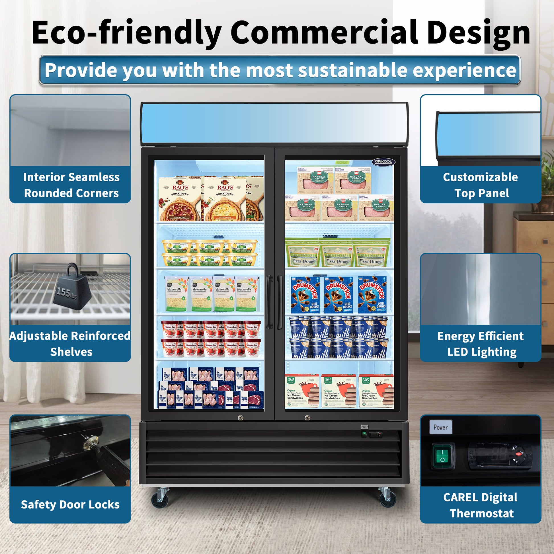 Orikool Glass Door Merchandiser Freezer 44.7 Cu.Ft Swing Door Commercial Reach In Display Freezers With Led Top Panel Upright Freeze Storage Black Steel
