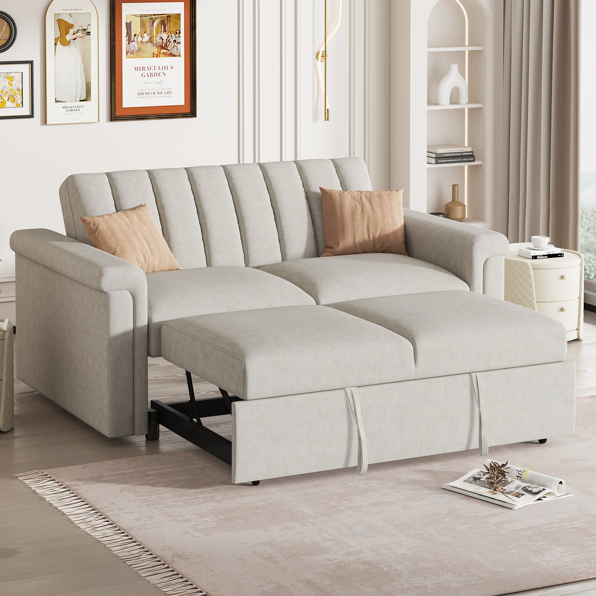 Convertible Soft Cushion Sofa Pull Bed ,For Two People To Sit On Beige Polyester