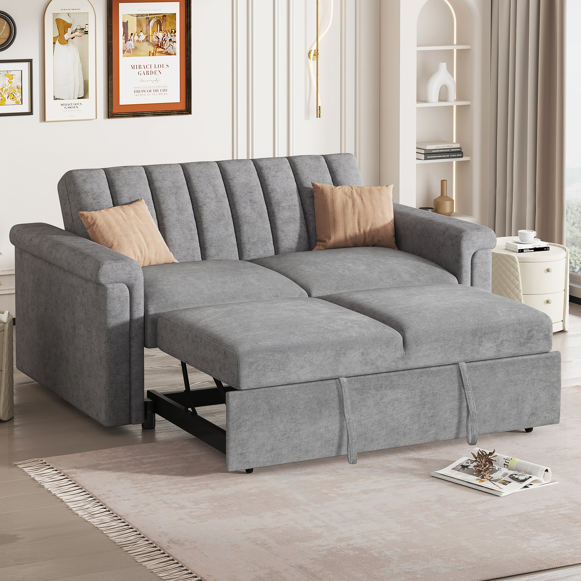 Convertible Soft Cushion Sofa Pull Bed ,For Two People To Sit On Gray Polyester