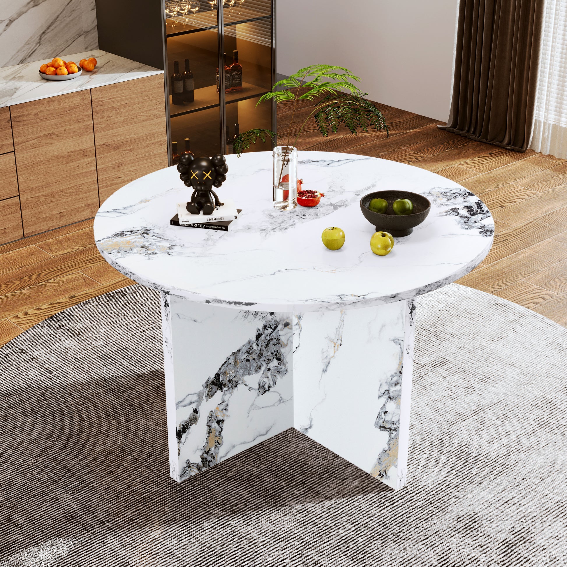 Round Dining Table For 4 6, 47 Inch Modern Kitchen Faux Marble Table Small Dinner Table Mdf Kitchen Dinning Table For Cafe Restaurant Wine Bar Home Office Conference Only Table White Modern Mdf