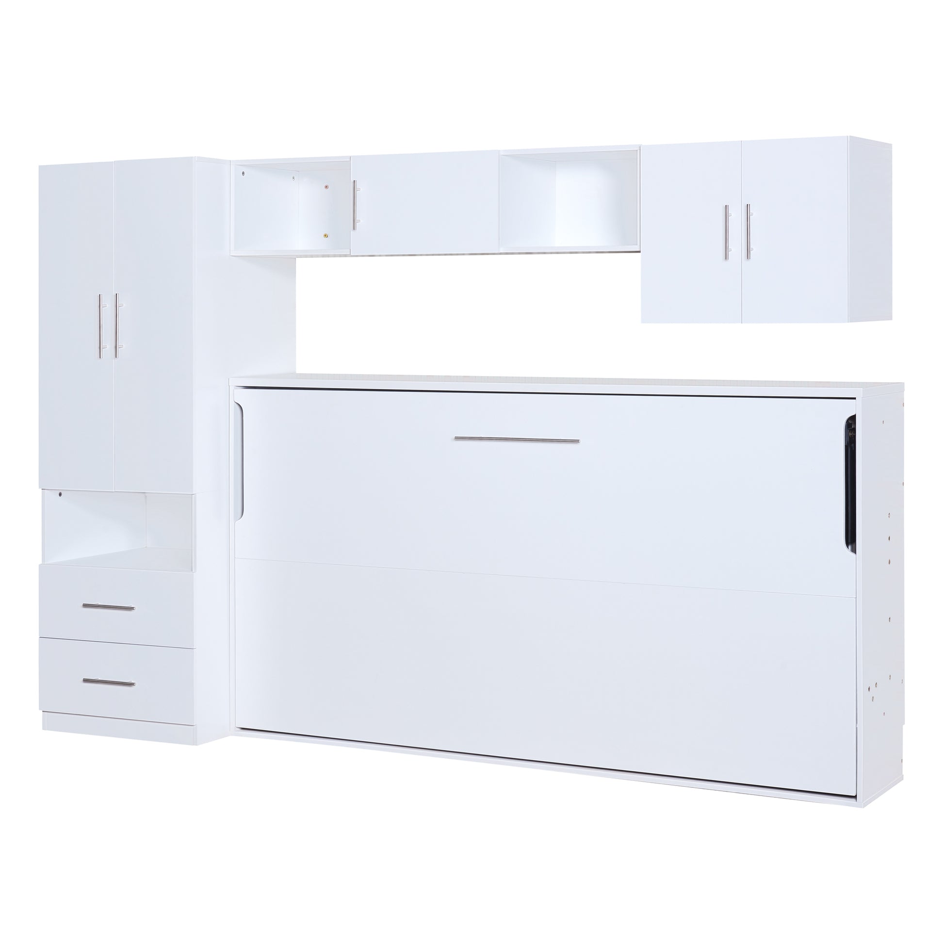 Twin Size Murphy Bed With Open Shelves And Storage Drawers,Built In Wardrobe And Table, White Twin White Solid Wood Mdf