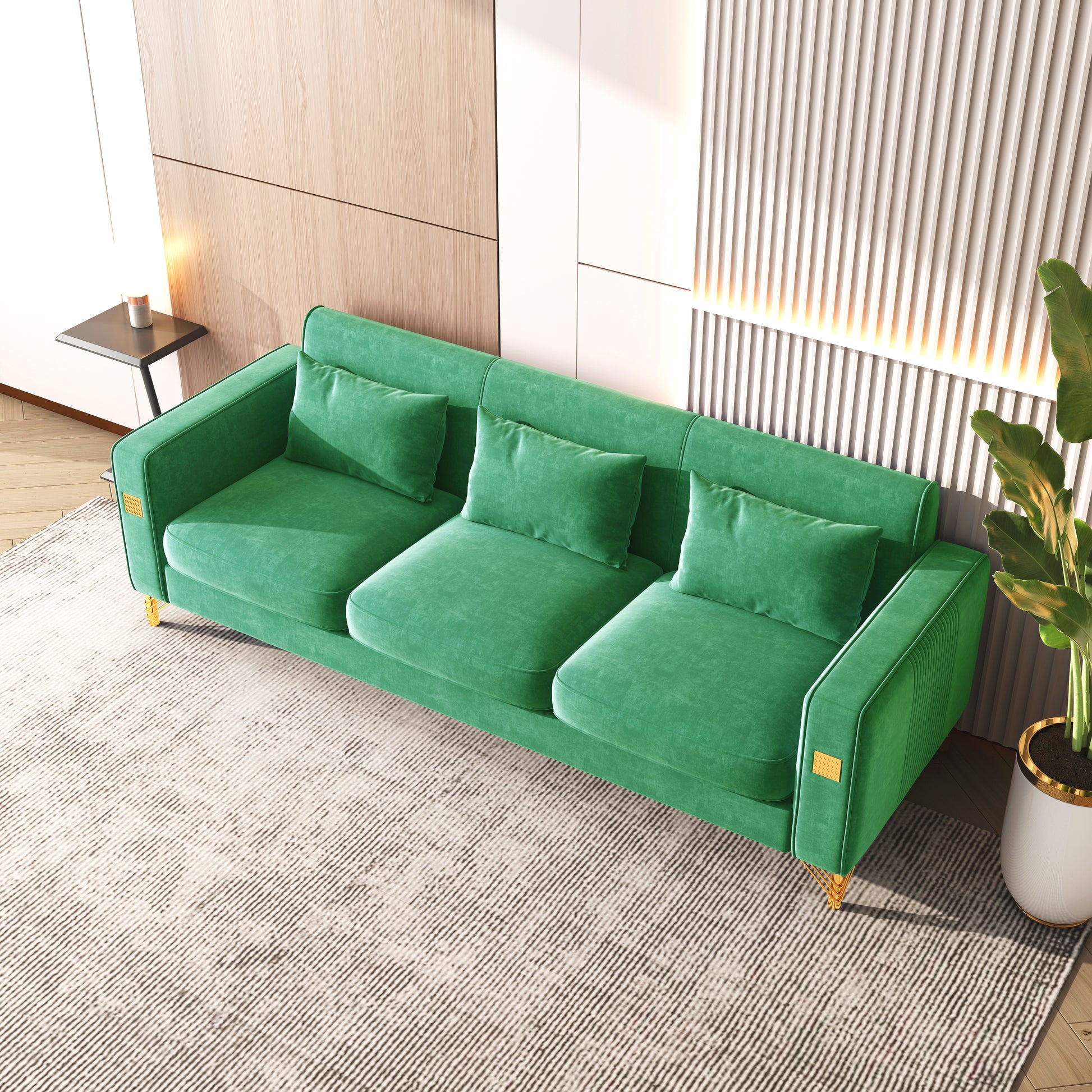 Velvet Sofa With Pillows And Gold Finish Metal Leg For Living Room Green Velvet