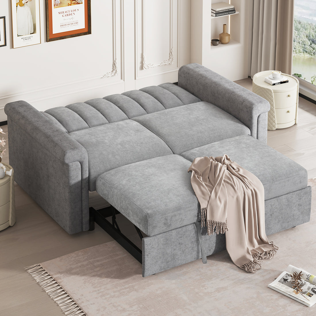 Convertible Soft Cushion Sofa Pull Bed ,For Two People To Sit On Gray Polyester