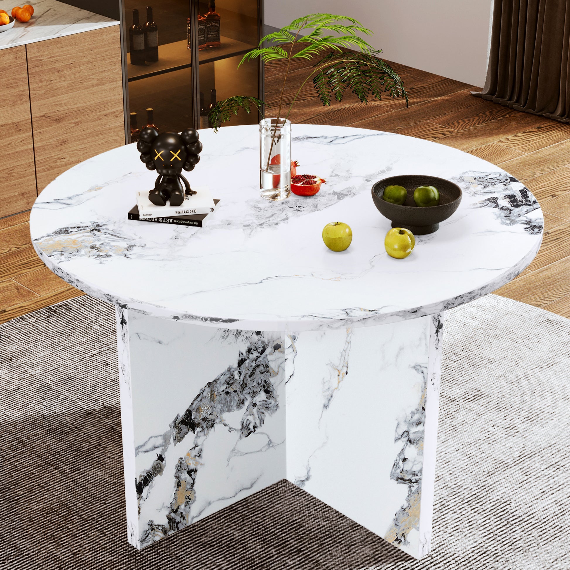 Round Dining Table For 4 6, 47 Inch Modern Kitchen Faux Marble Table Small Dinner Table Mdf Kitchen Dinning Table For Cafe Restaurant Wine Bar Home Office Conference Only Table White Modern Mdf