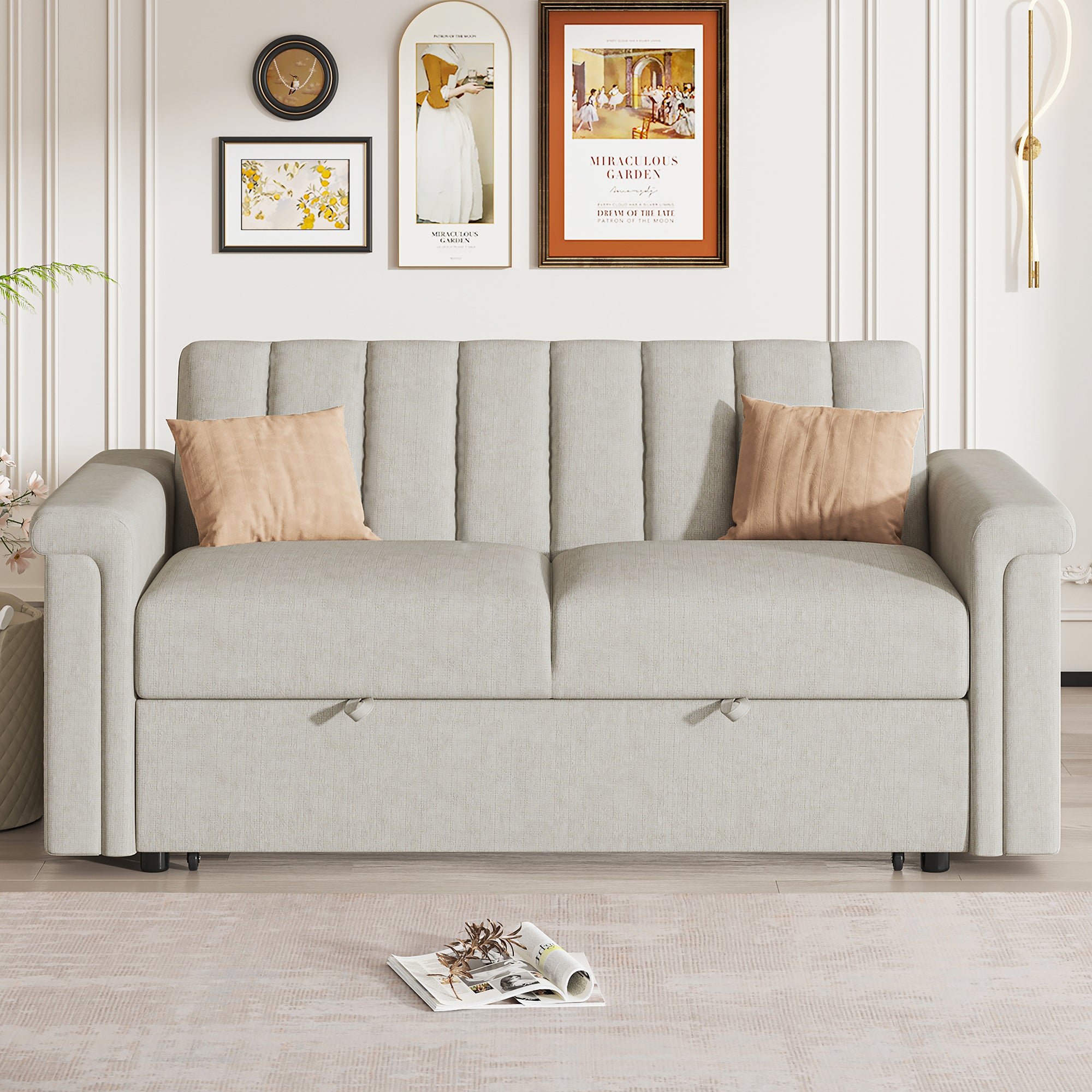Convertible Soft Cushion Sofa Pull Bed ,For Two People To Sit On Beige Polyester