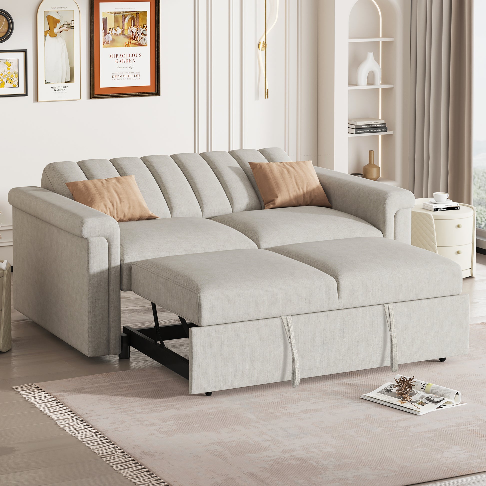 Convertible Soft Cushion Sofa Pull Bed ,For Two People To Sit On Beige Polyester