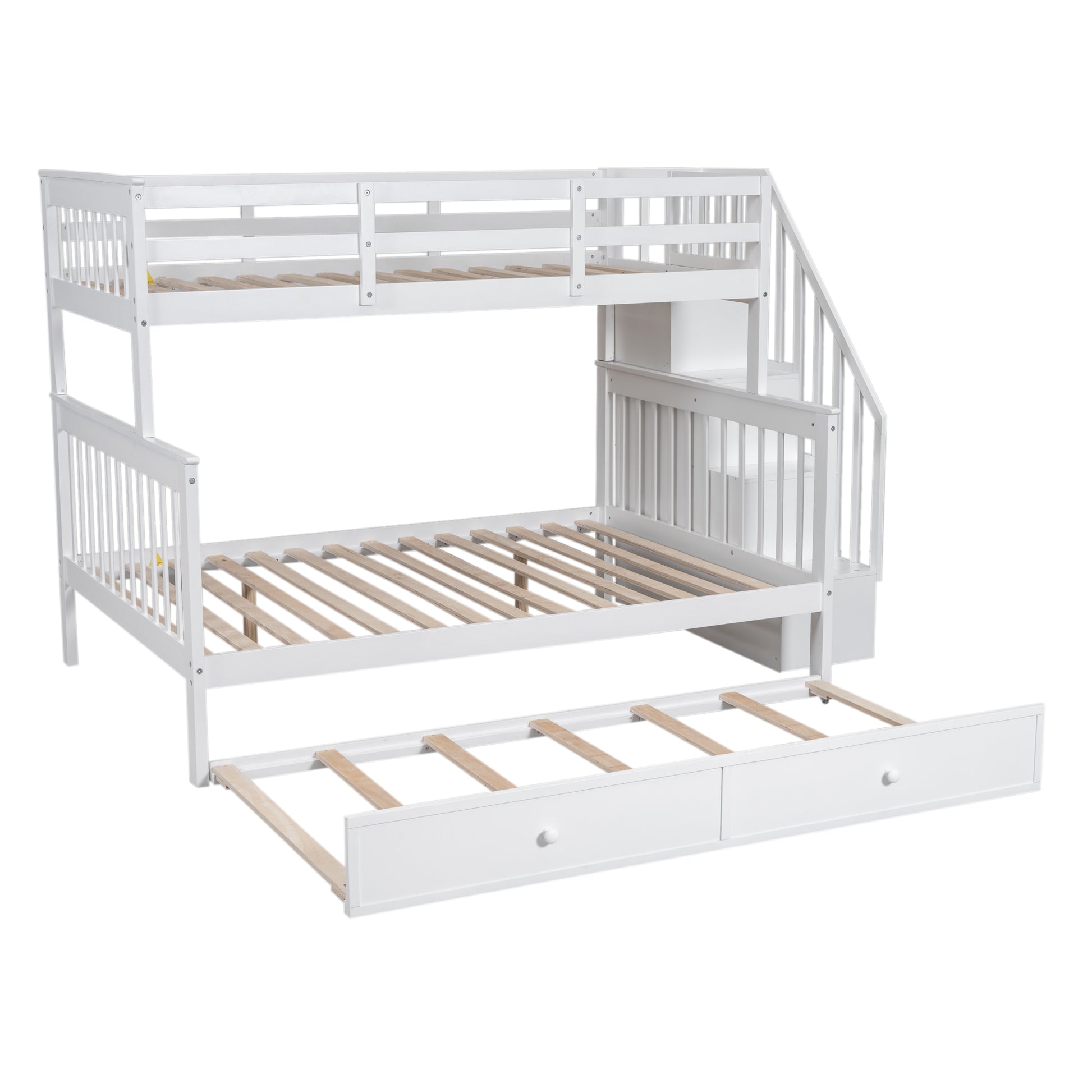 Twin Over Full Bunk Bed With Twin Size Trundle, Storage And Guard Rail For Bedroom, Dorm, For Adults, White Old Sku :Lt000119Aak Twin White Solid Wood