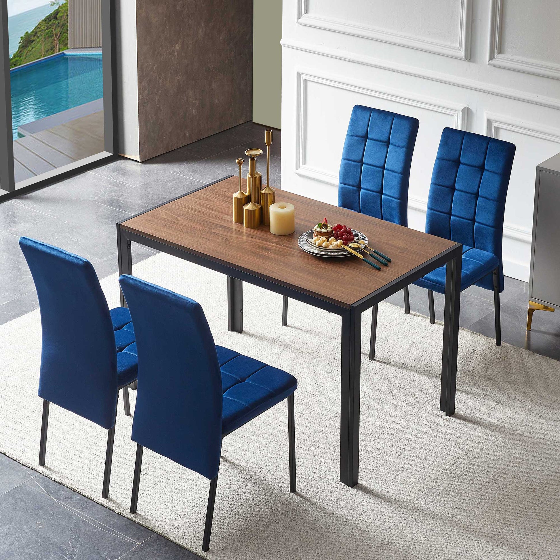 5 Piece Dining Set Including Blue Velvet High Back Nordic Dining Chair & Creative Design Mdf Dining Table Metal Blue Seats 4 Brown Metal Dining Room 4 Leg Square Dining Table With Chair Mdf