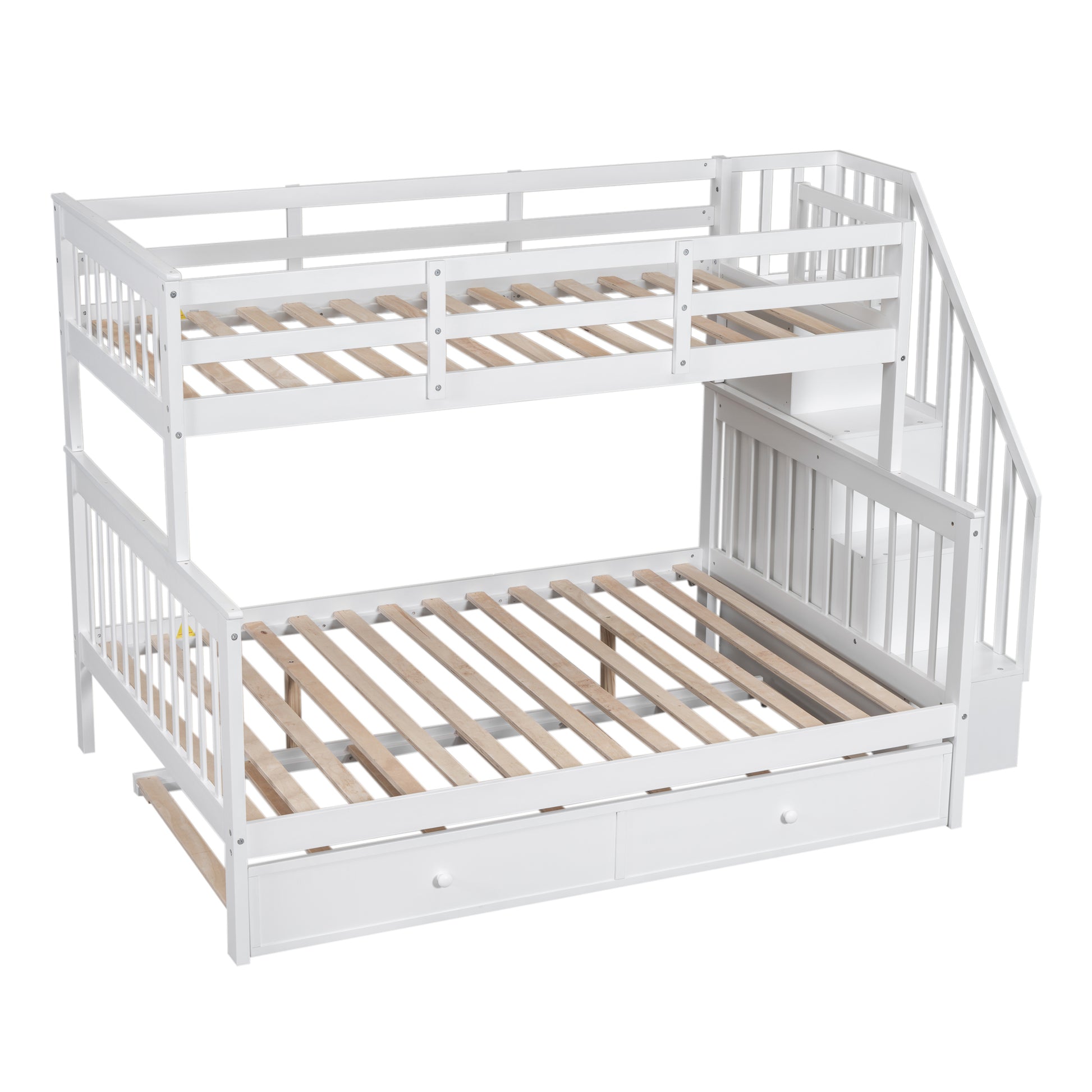 Twin Over Full Bunk Bed With Twin Size Trundle, Storage And Guard Rail For Bedroom, Dorm, For Adults, White Old Sku :Lt000119Aak Twin White Solid Wood
