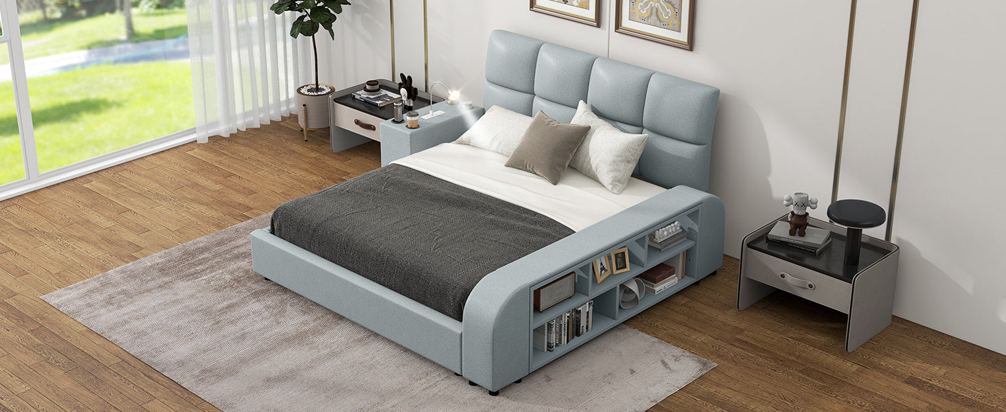 Queen Size Upholstered Platform Bed With Multimedia Nightstand And Storage Shelves, Gray Box Spring Not Required Queen Gray Wood Bedroom Bed Frame Faux Leather Upholstered