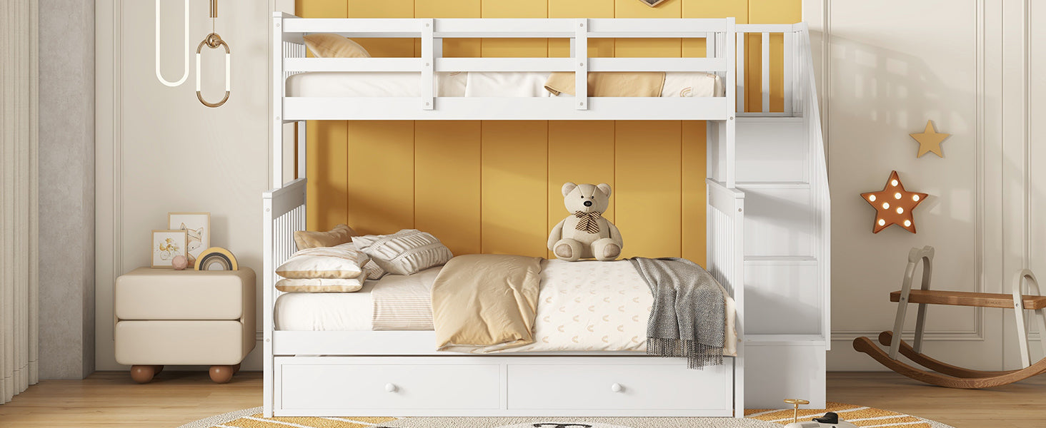 Twin Over Full Bunk Bed With Twin Size Trundle, Storage And Guard Rail For Bedroom, Dorm, For Adults, White Old Sku :Lt000119Aak Twin White Solid Wood